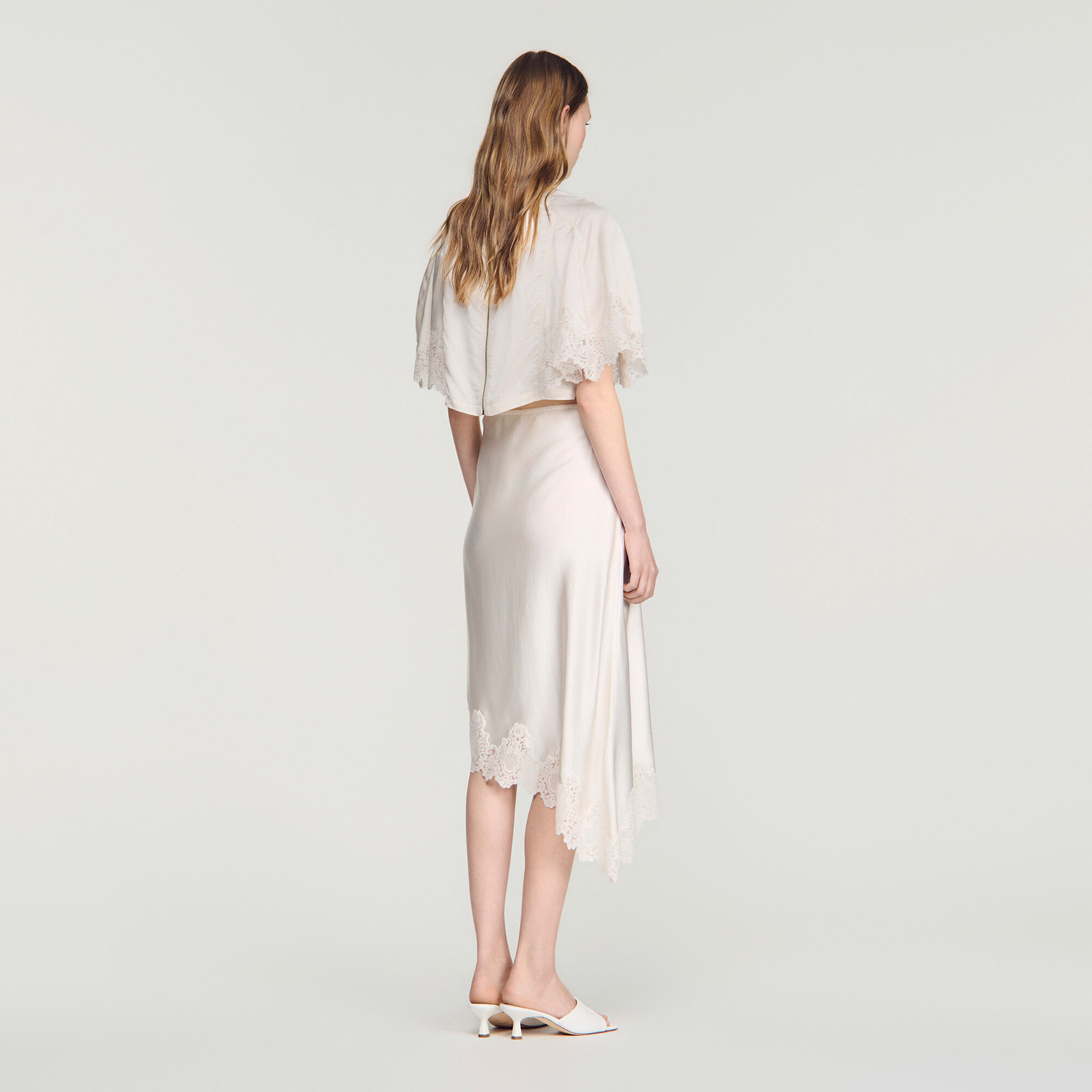 Asymmetrical satin skirt with lace in Ecru for Women | Sandro Paris