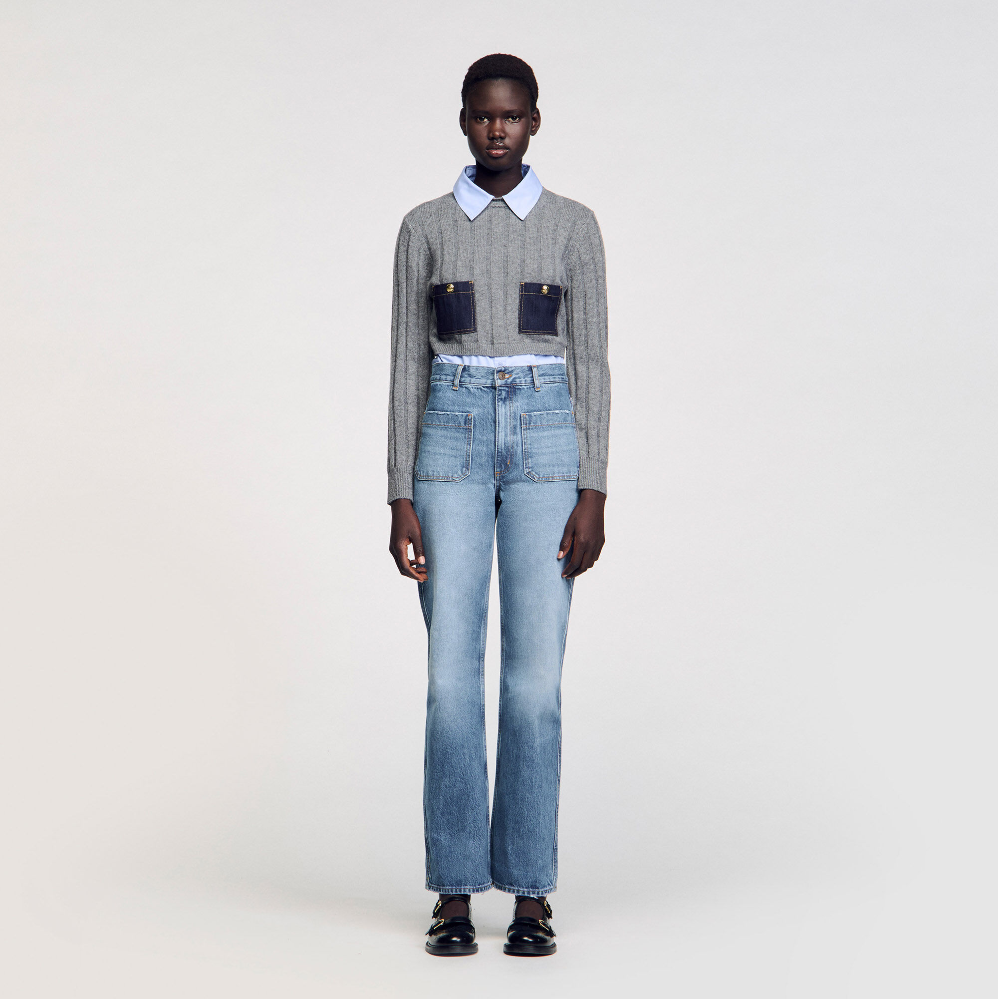 【海外限定】Sandroスカート☆Tie-Waist Side-Pocket Cotton-Ble Jeans with contrasting panels blue For Women | Sandro Paris