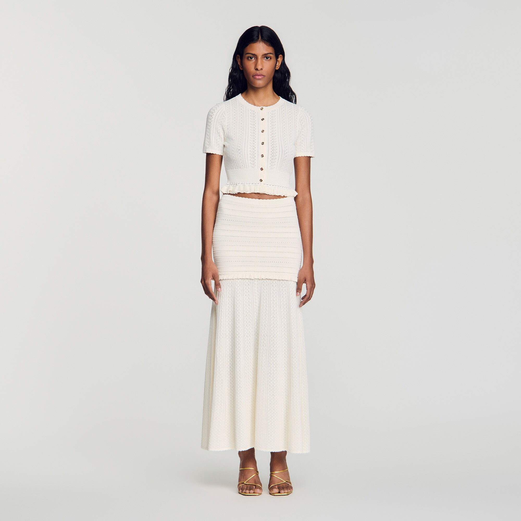 Pointelle knit maxi skirt in Ecru for Women | Sandro Paris