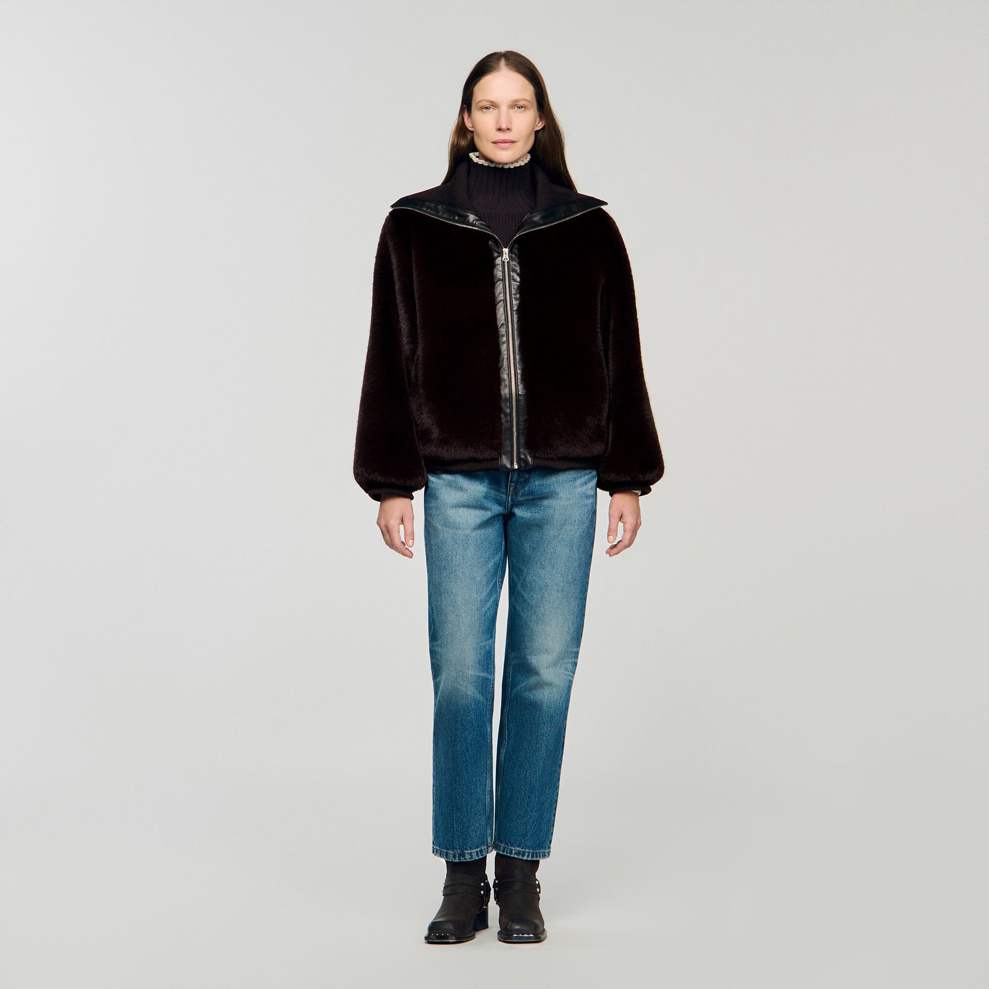 Short faux fur coat brown For Women | Sandro Paris