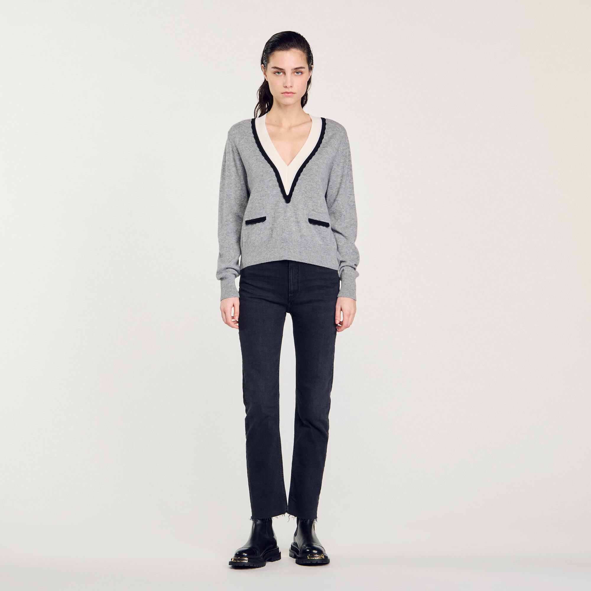 Sweater with contrasting deep V-neck