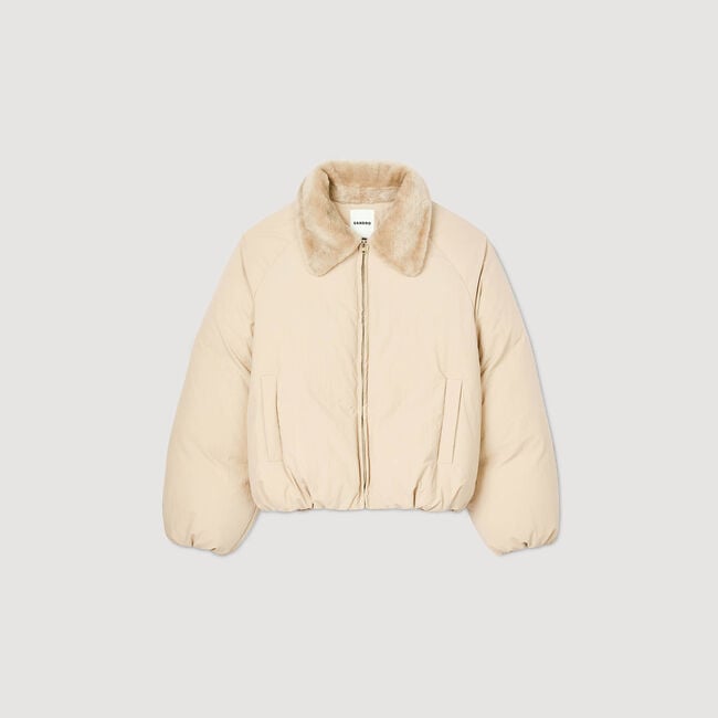Puffer jacket with shearling collar
