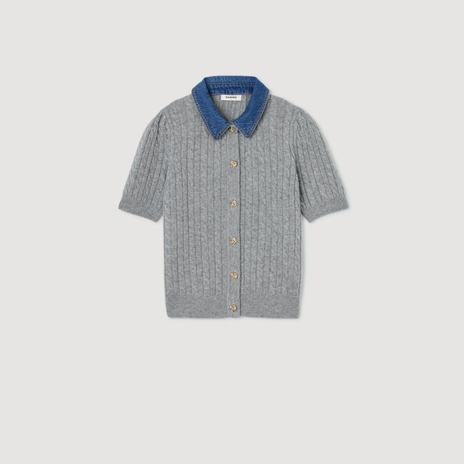 Cardigan with denim collar