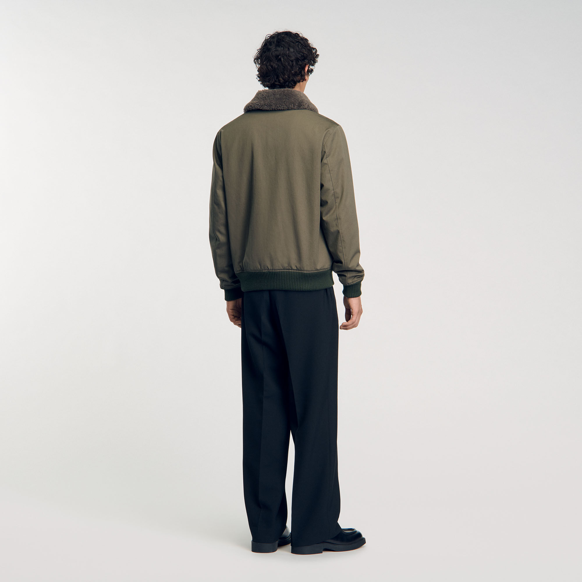 Fur collar jacket green for Men | Sandro Paris