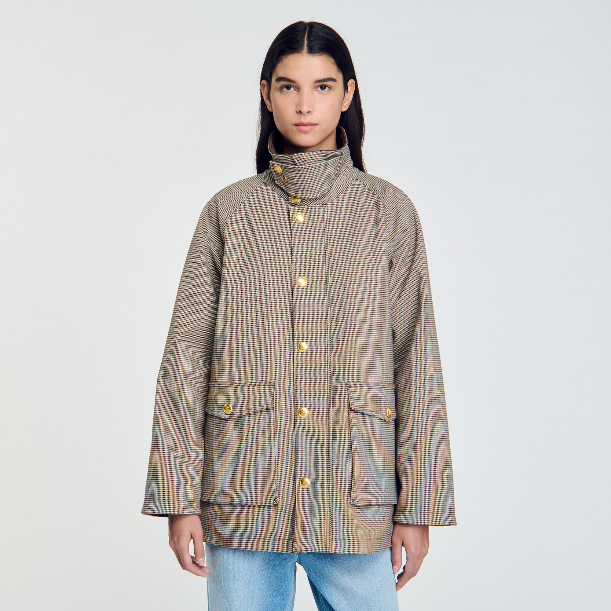 Check coat with velvet collar