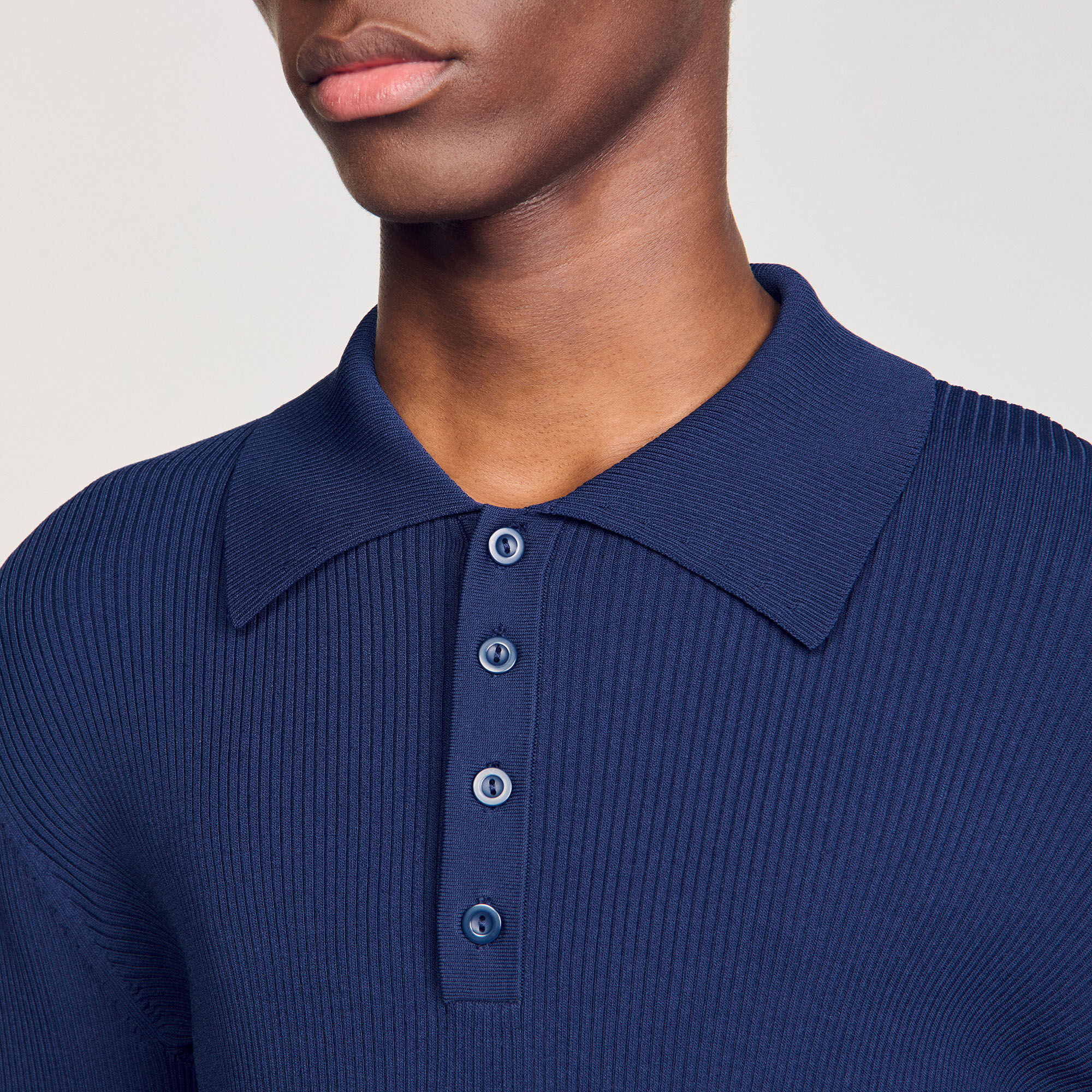 Rib knit polo shirt blue for Men | Sandro Paris