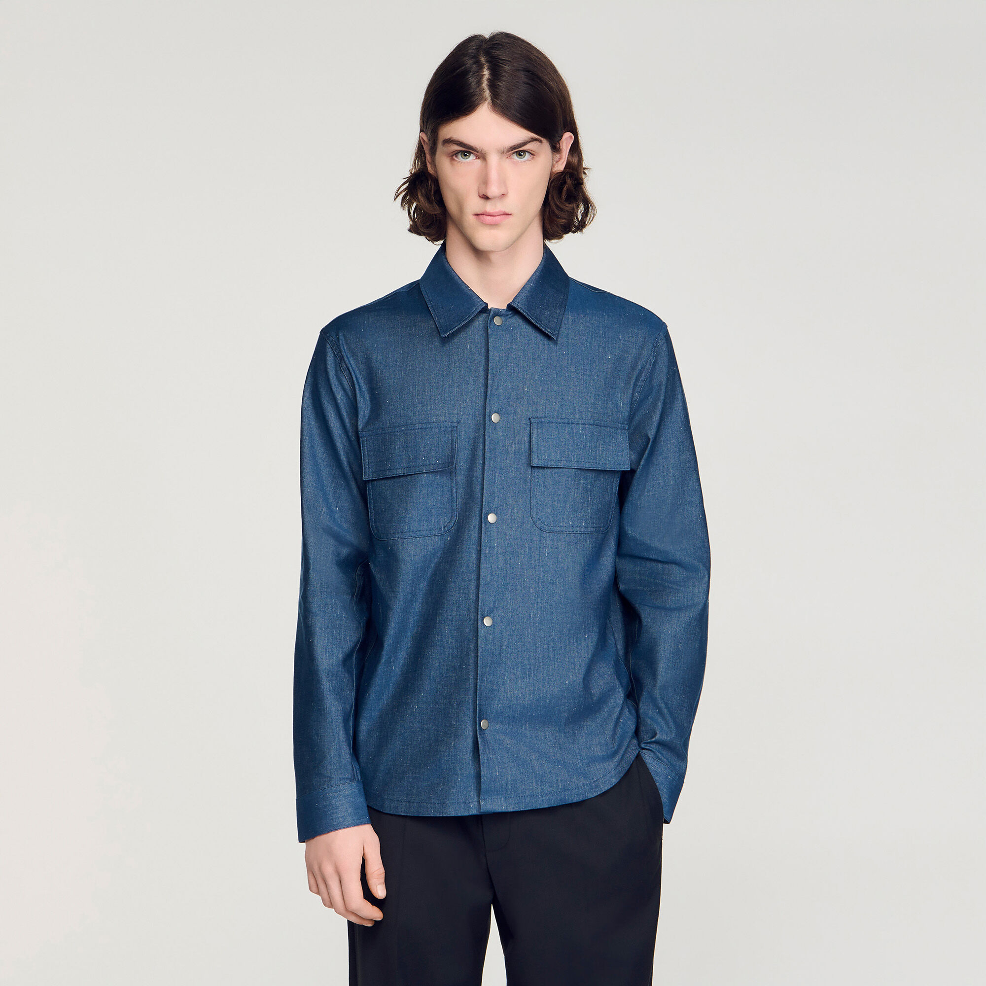 Denim-effect cotton and linen shirt