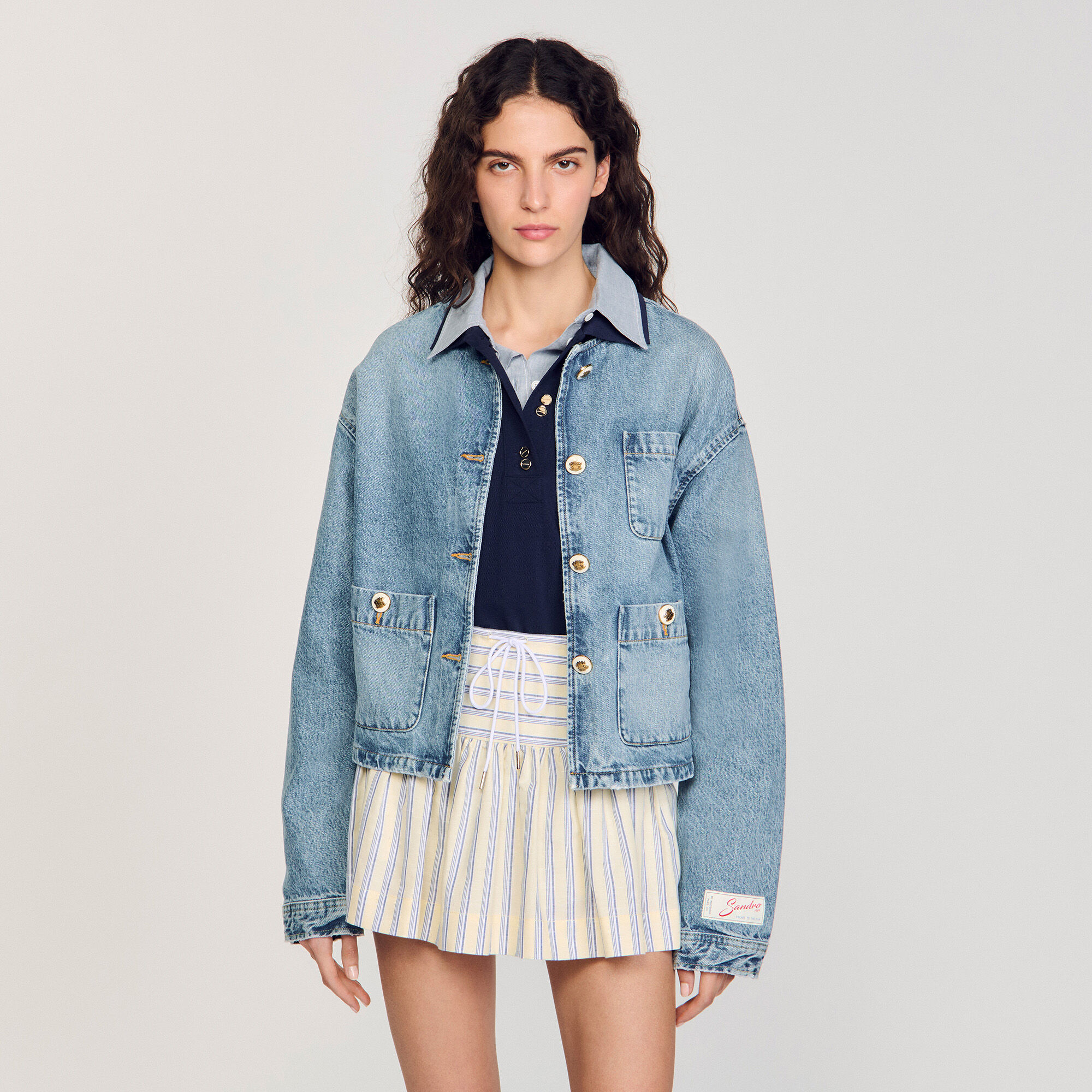【sandro】BLUE×BEIGEチェック コンビ デニム ジャケット SANDRO バイカラー デニムジャケット | ニュートラル | FARFETCH JP