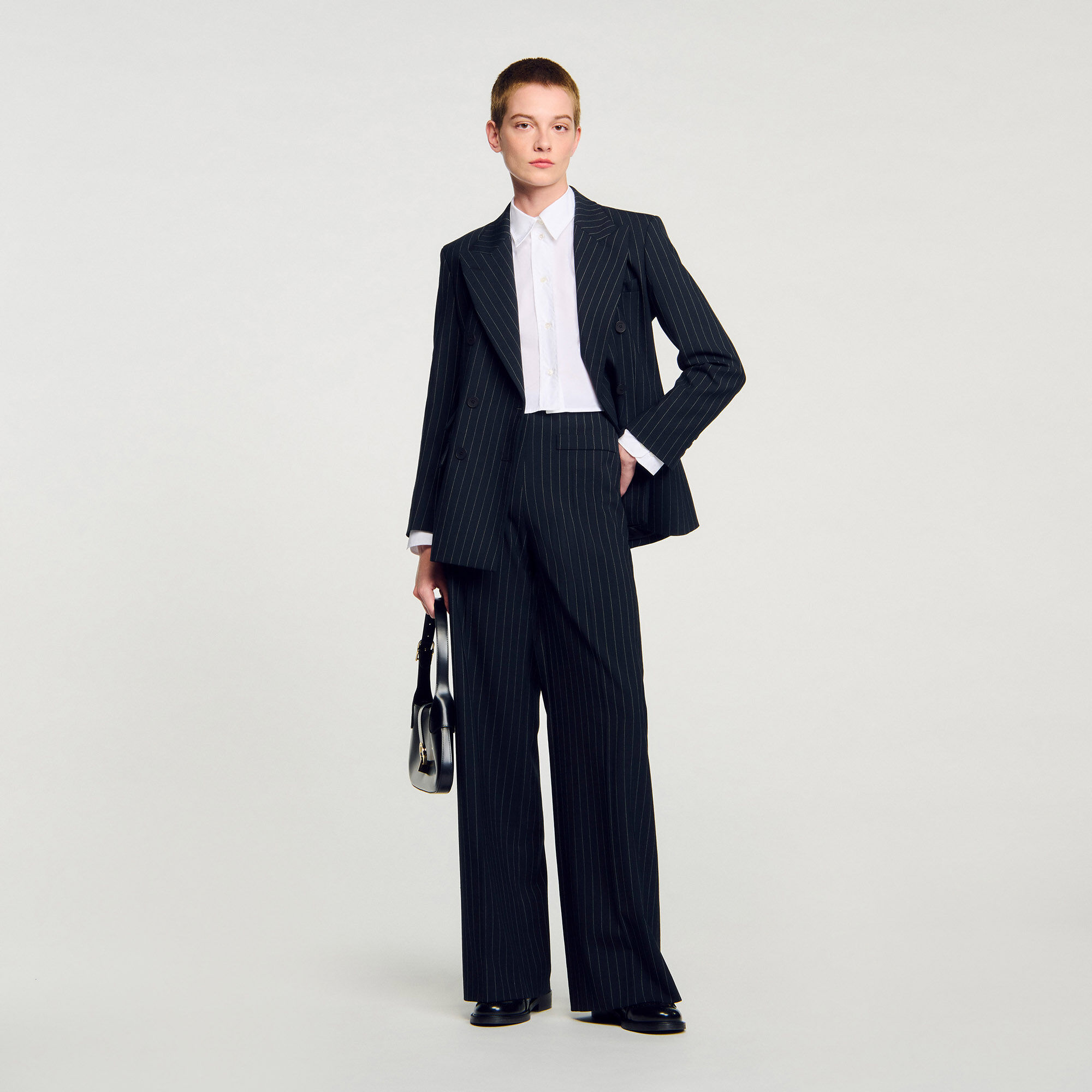 Striped suit jacket black / gray For Women | Sandro Paris