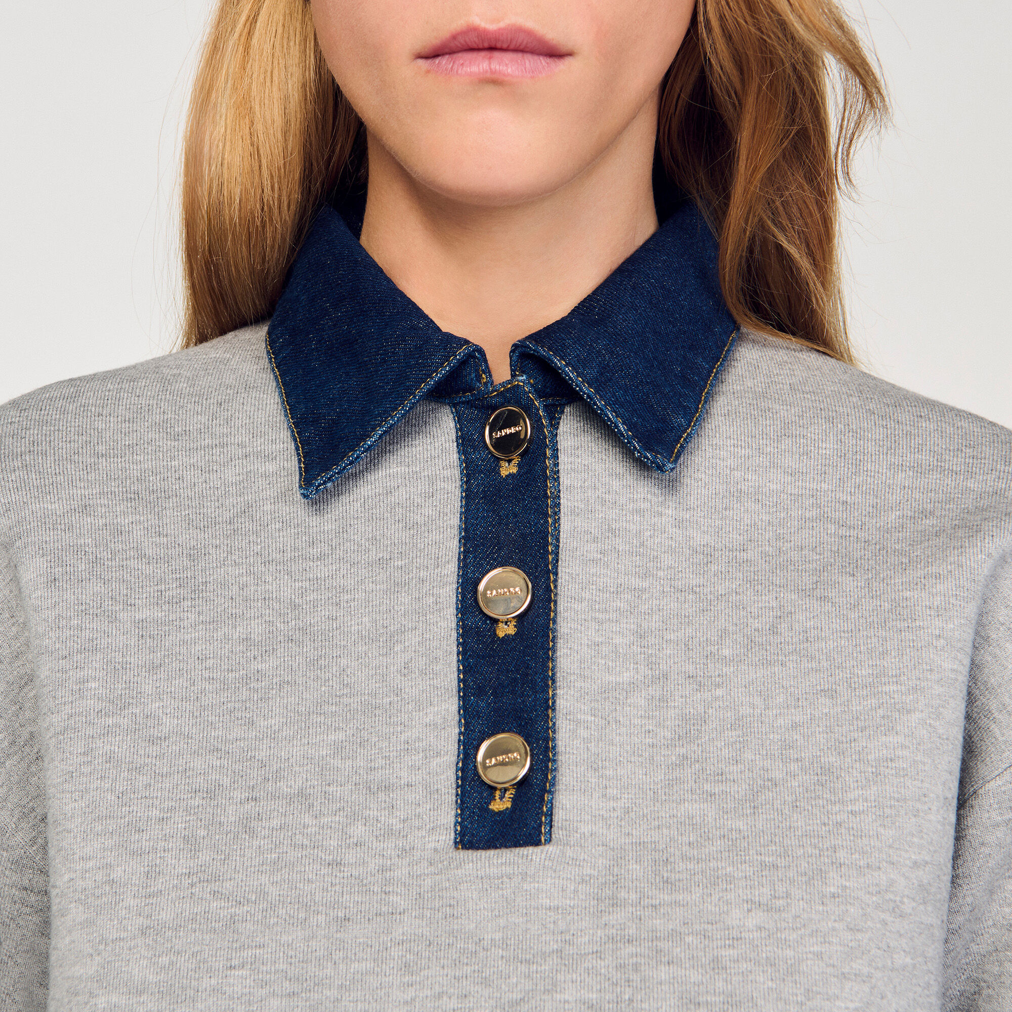 Sweater with denim collar black / gray For Women | Sandro Paris