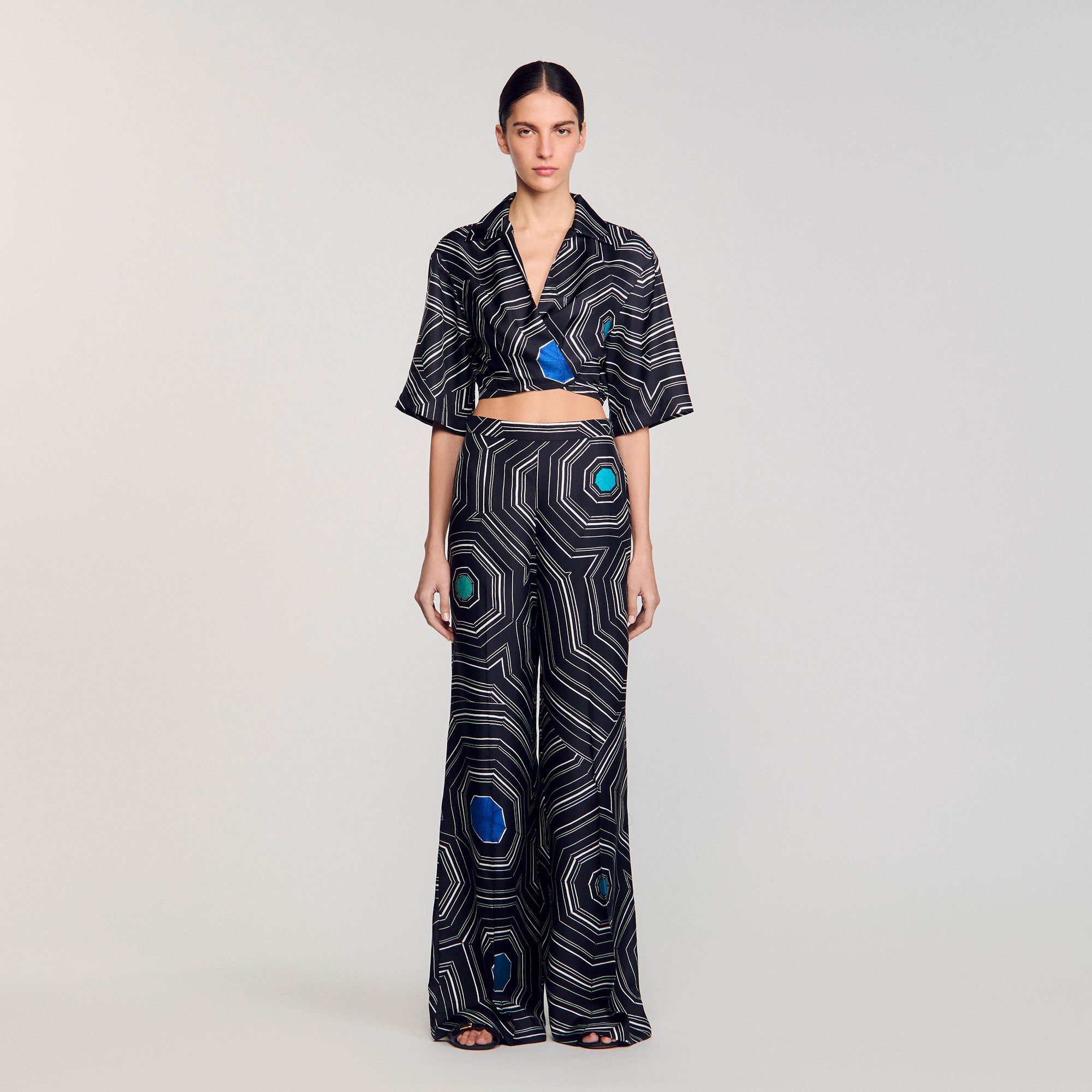 Spiral-print silk trousers