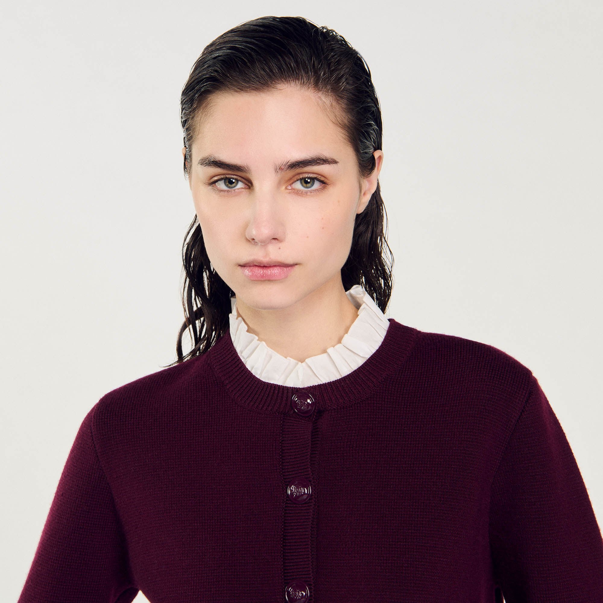 Knit cardigan with ruffled collar