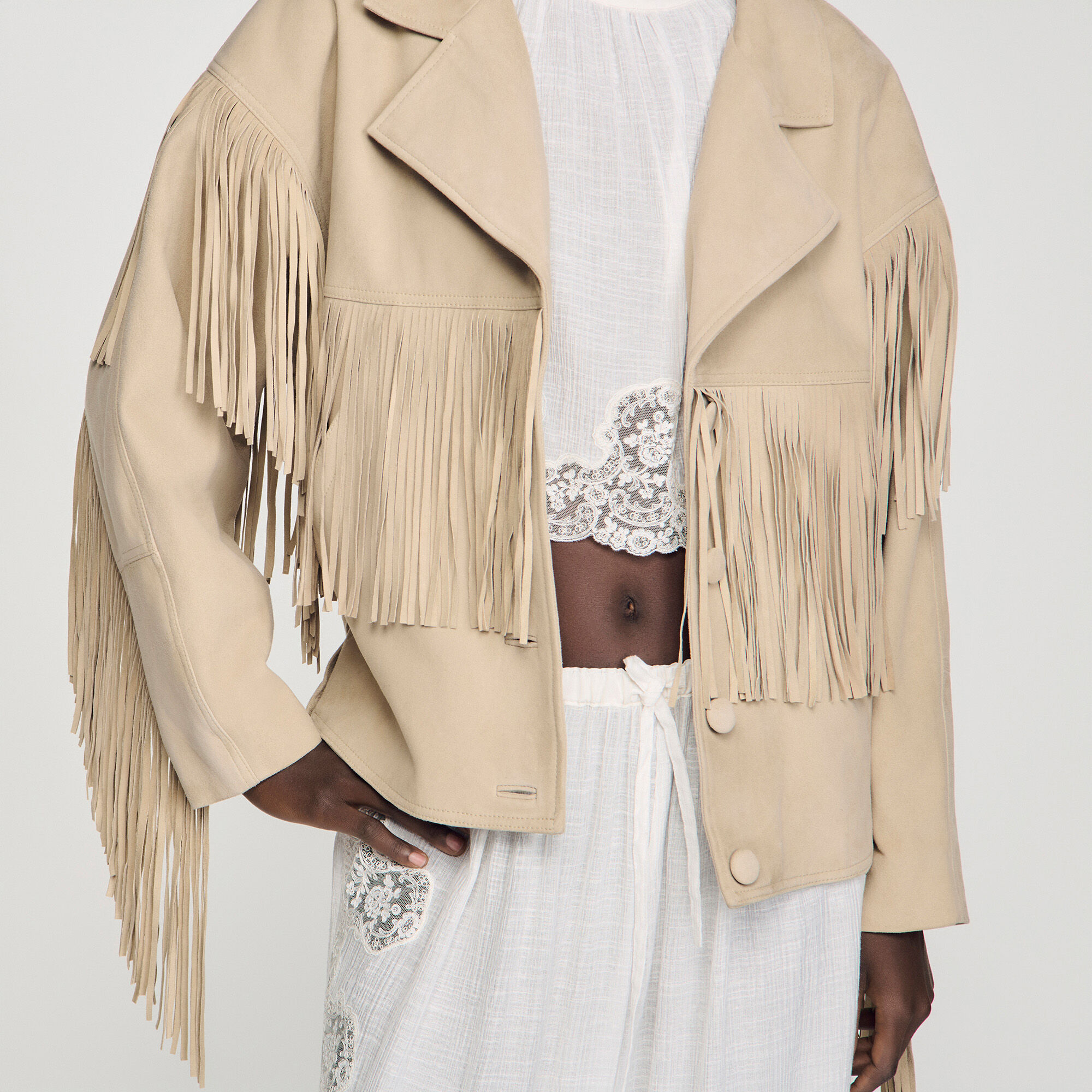 Fringed suede jacket in Beige for Women | Sandro Paris