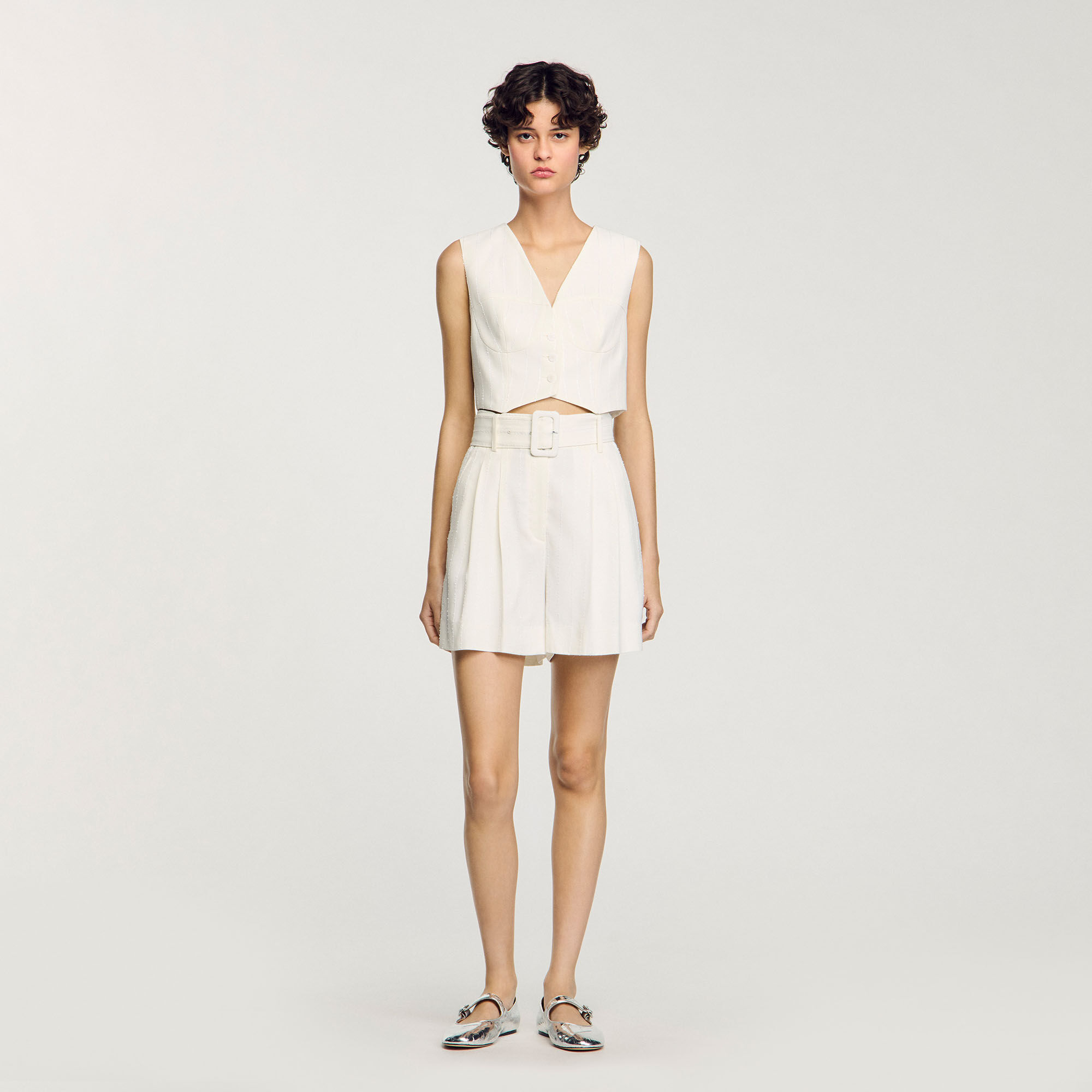 極美品 SANDRO サンドロ ハイウエスト ハーフパンツ ベージュ 36 Sequin high-waisted shorts white / beige For Women | Sandro