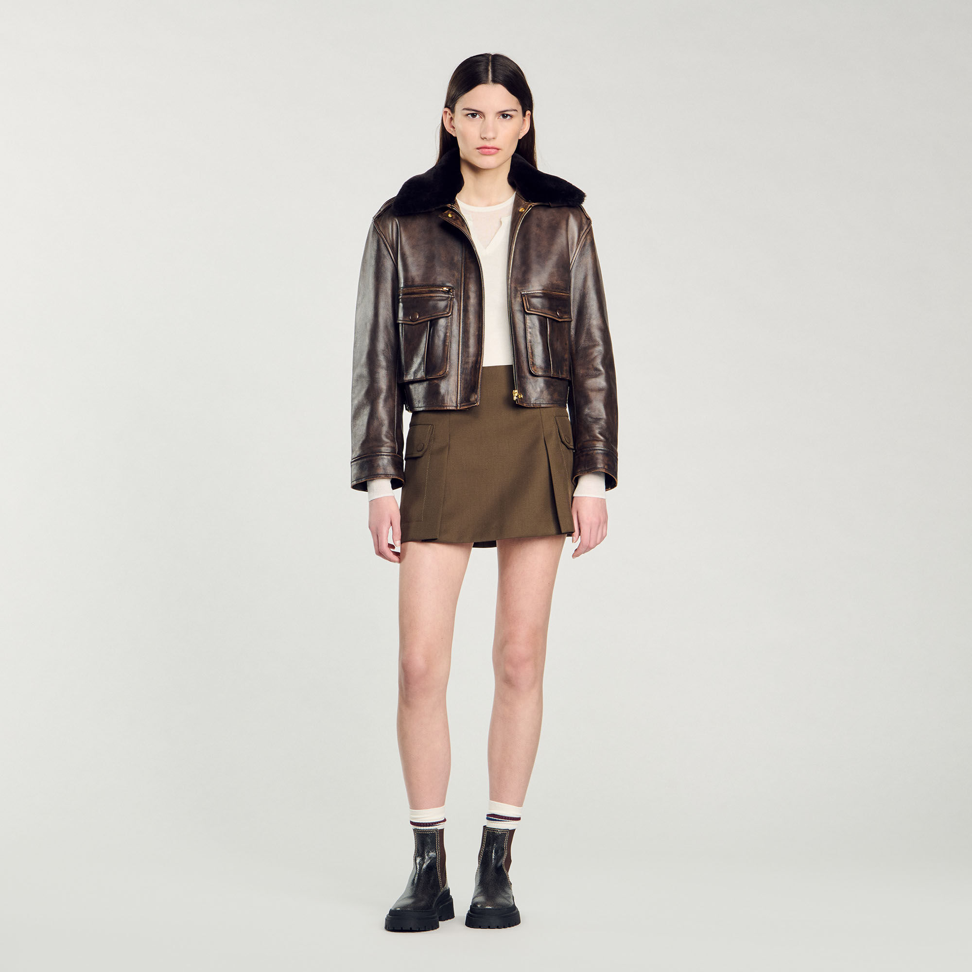 【海外限定】Sandroスカート☆Button-up side-pocket stretch-wo Skort with decorative belt loops blue For Women | Sandro Paris