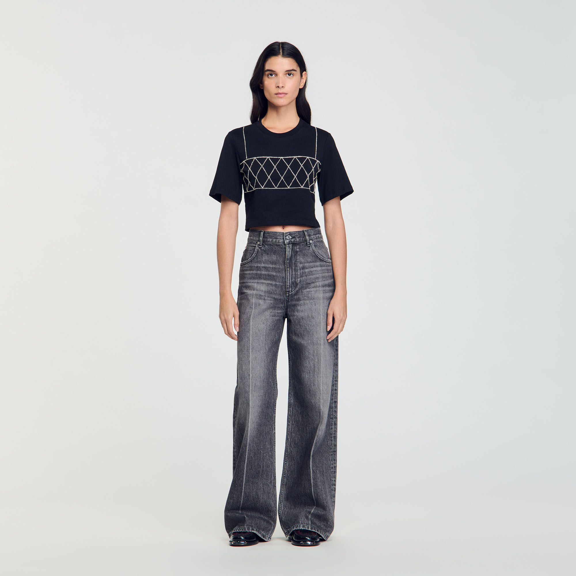 Rhinestone Cropped T-Shirt black / gray For Women | Sandro Paris