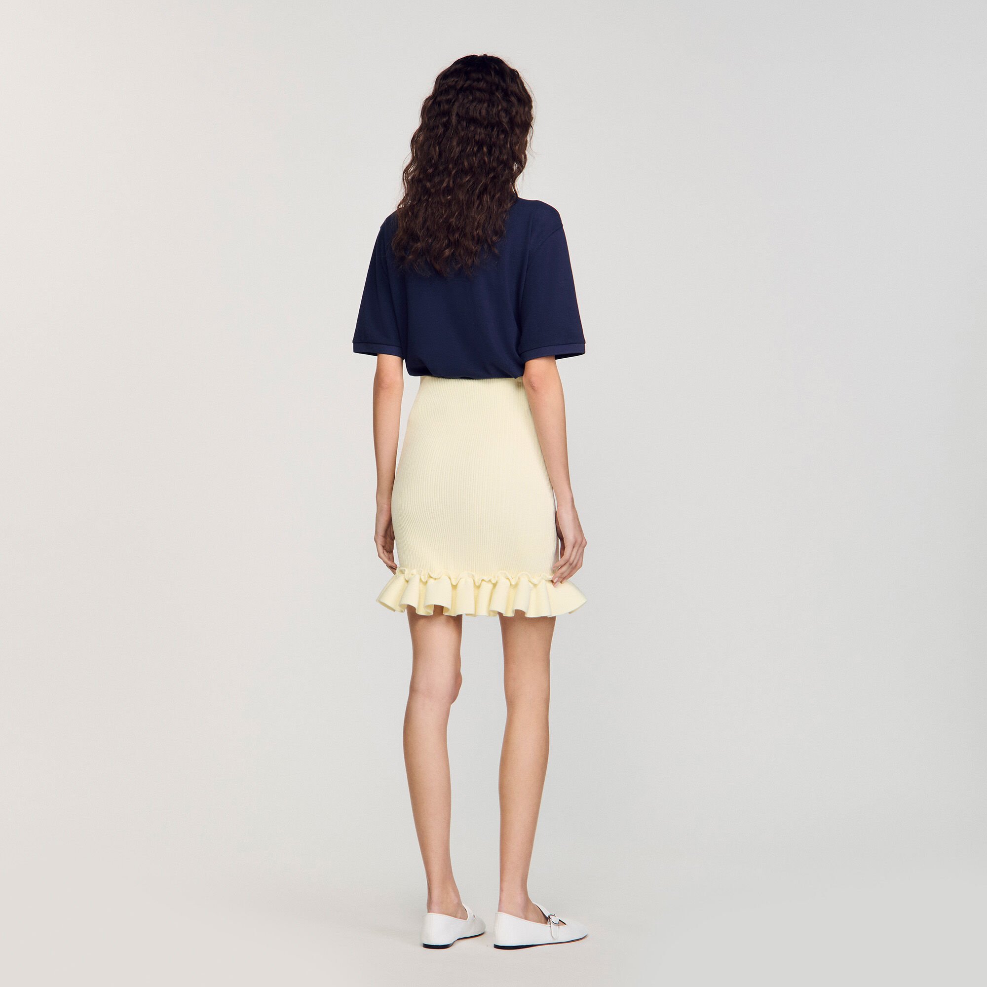 【海外限定】Sandroニットスカート☆Ruffle-Trim Knitted Mini S Knitted skirt with ruffle yellow / orange For Women | Sandro