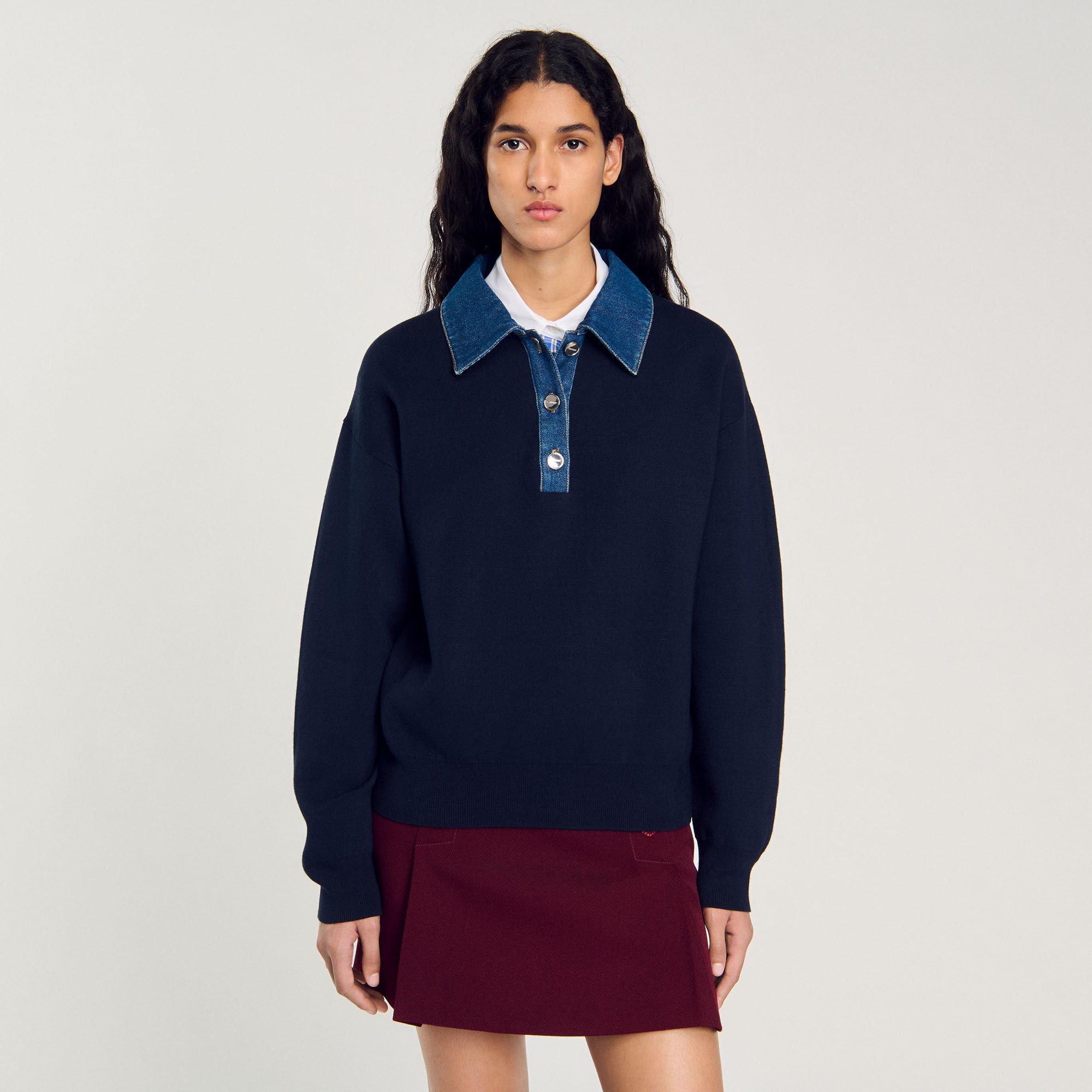 sweater with denim collar