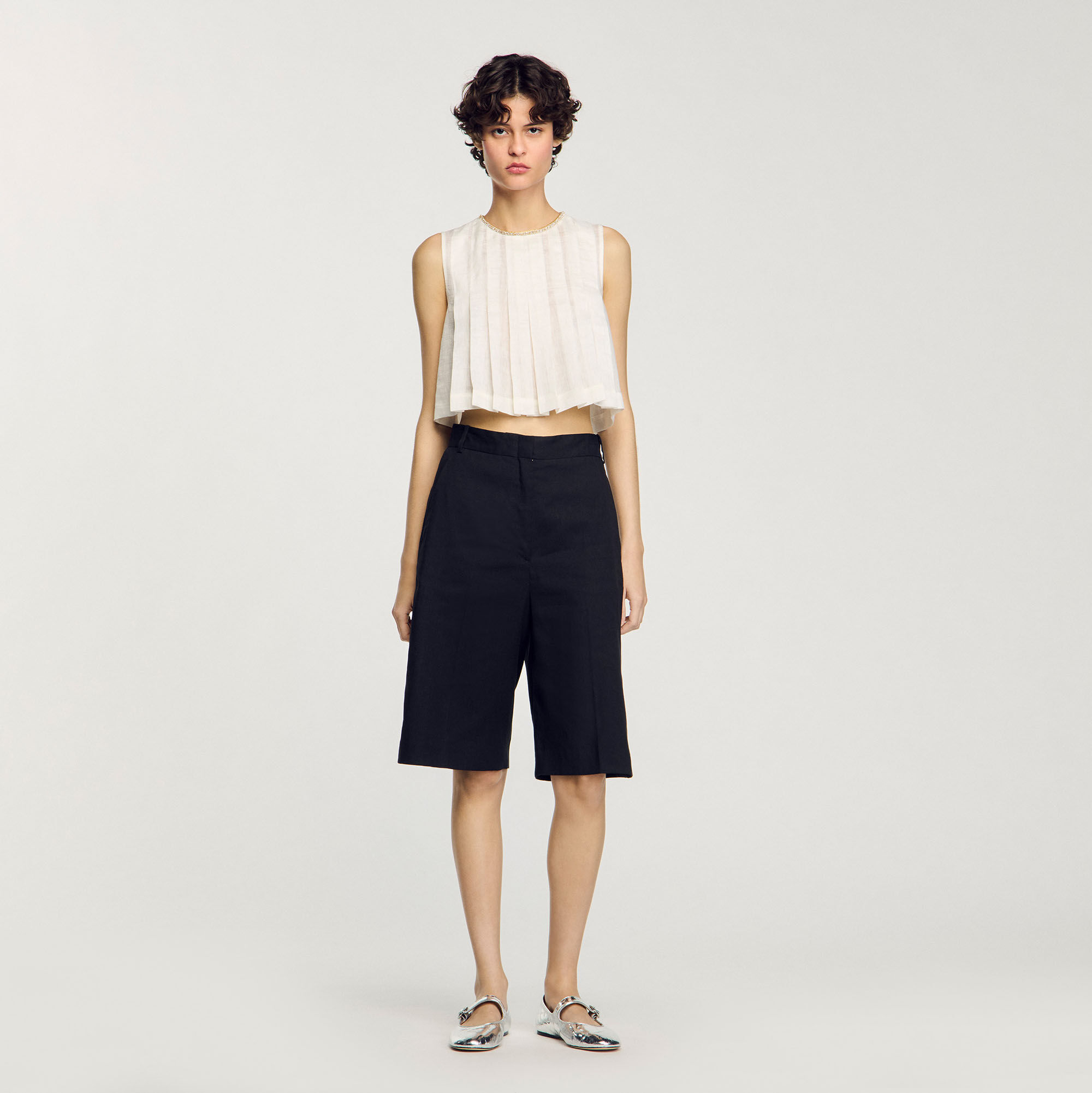 Linen-blend Bermuda shorts black / gray For Women | Sandro Paris