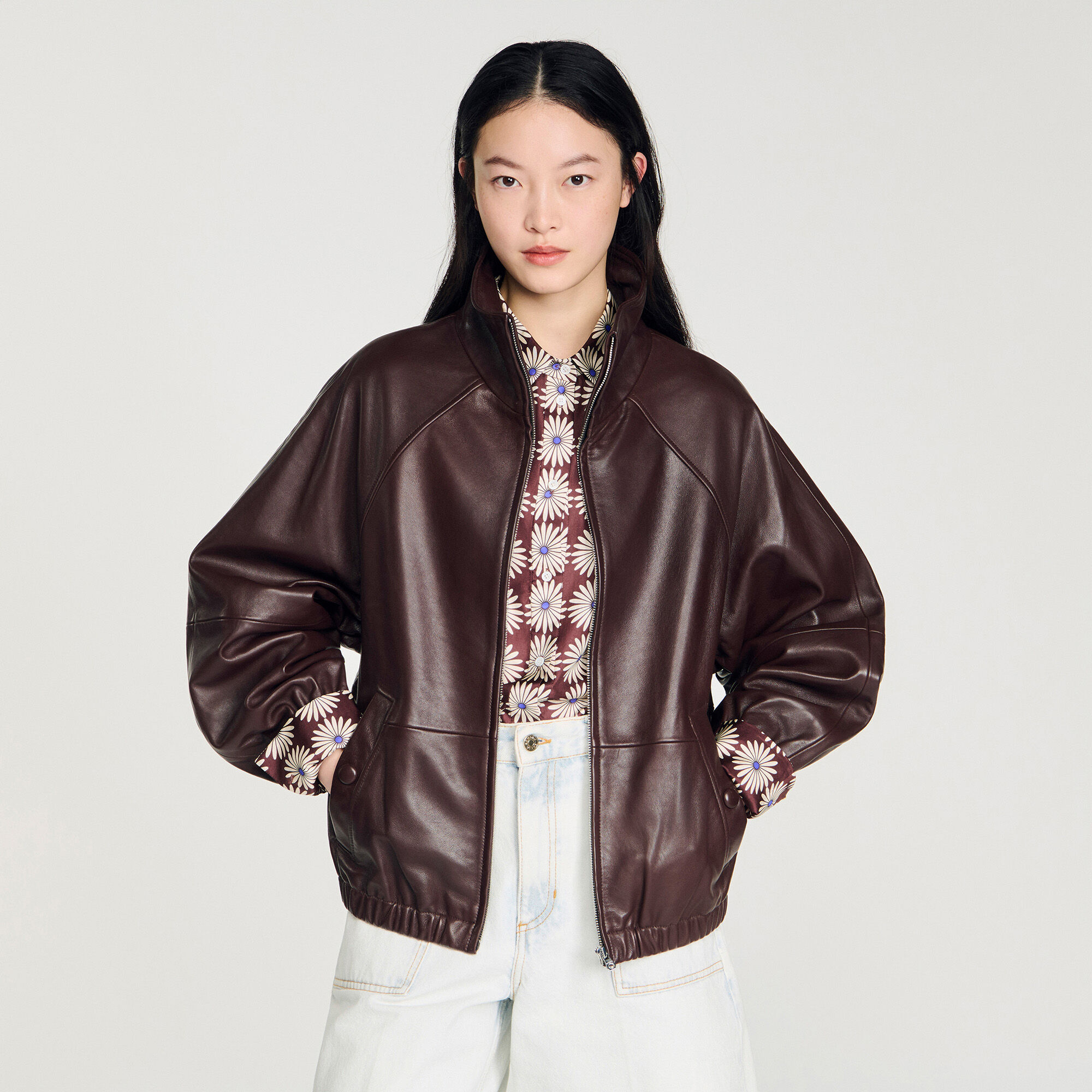 メロディー Oversized zip-up leather jacket brown For Women | Sandro Paris