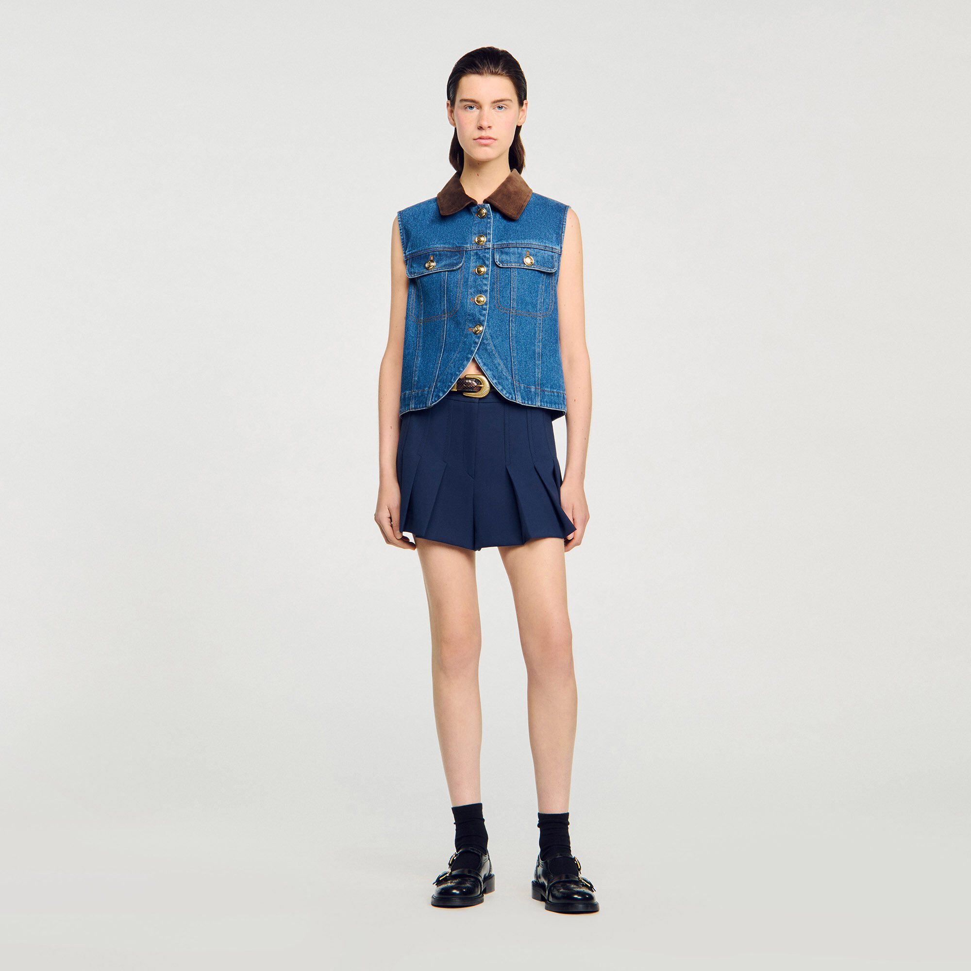 Sleeveless denim jacket blue For Women | Sandro Paris