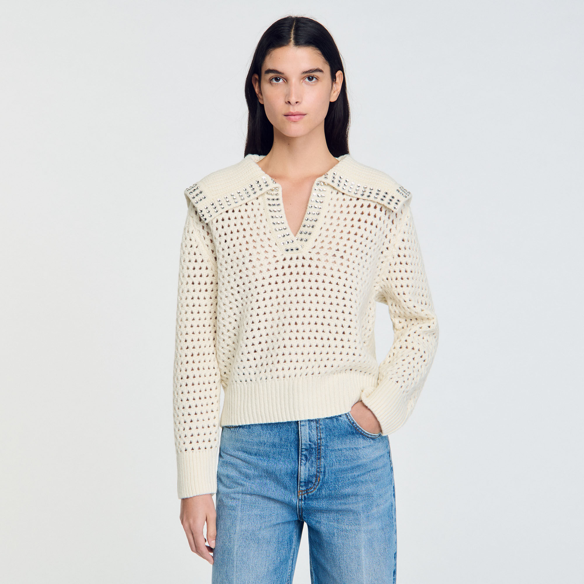 Sailor-Neck Wool Sweater white / beige For Women | Sandro Paris