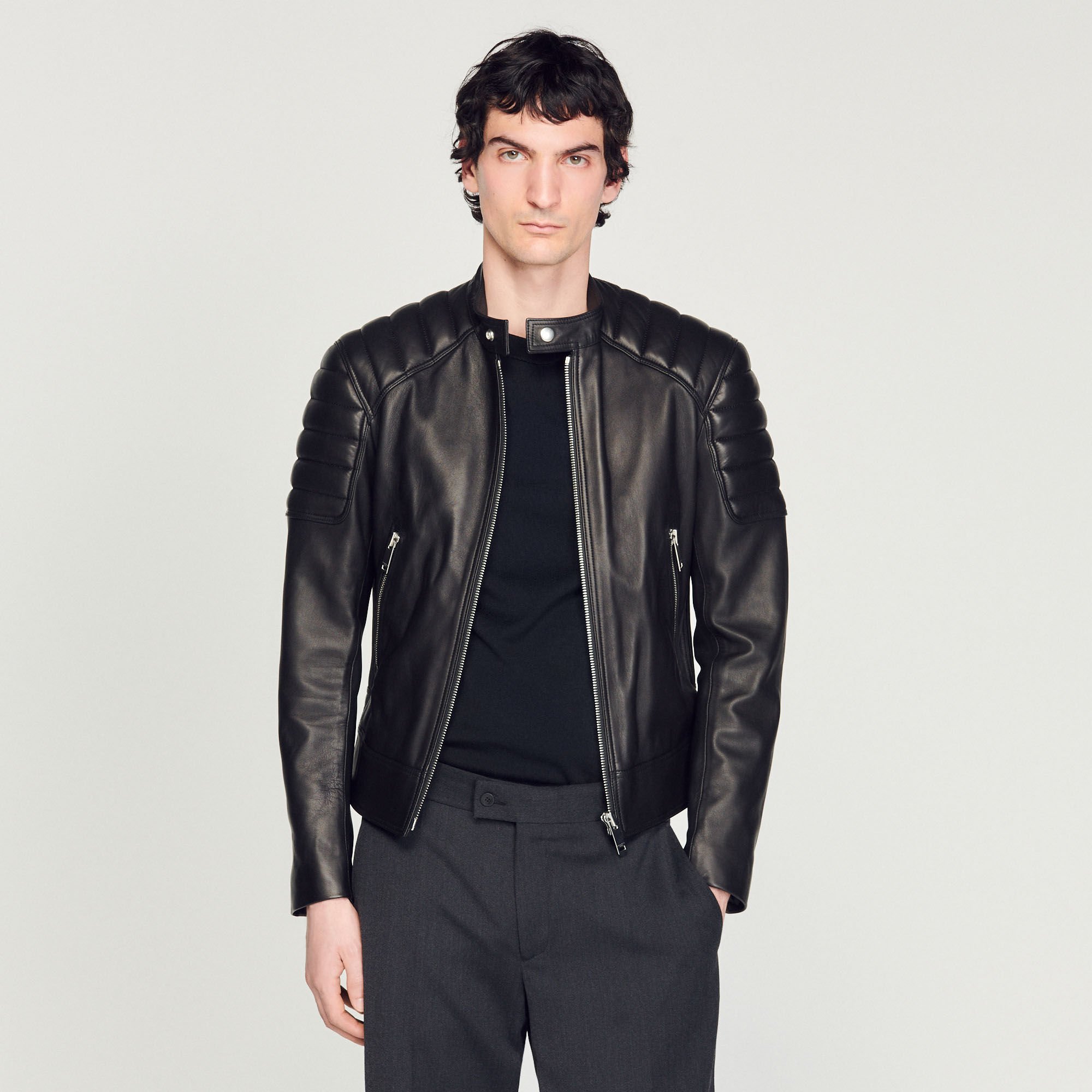 Leather jacket with quilted trims Black / Gray | Sandro Paris