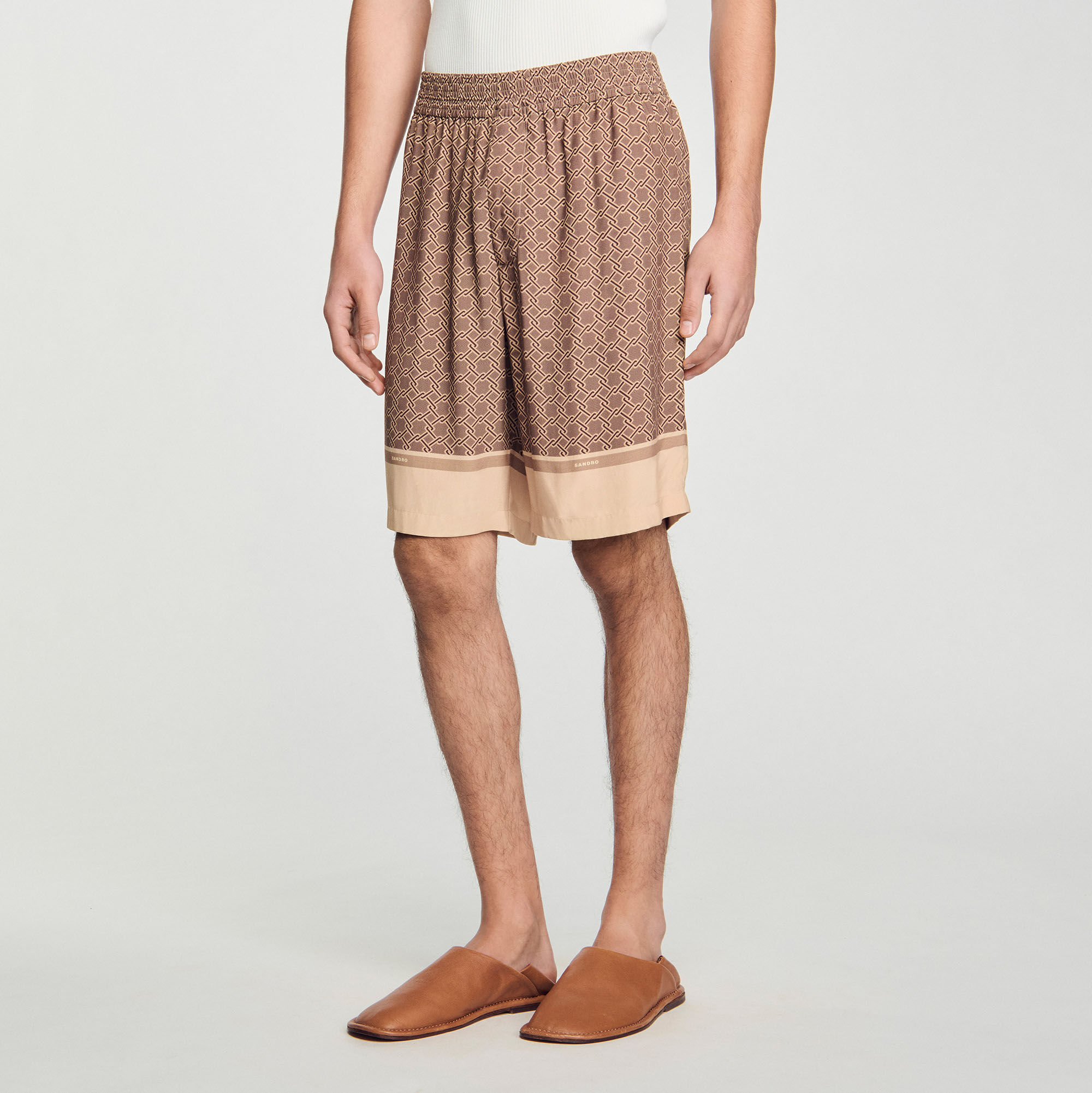 極美品 SANDRO サンドロ ハイウエスト ハーフパンツ ベージュ 36 Square Cross flowy bermuda shorts black / gray for Men