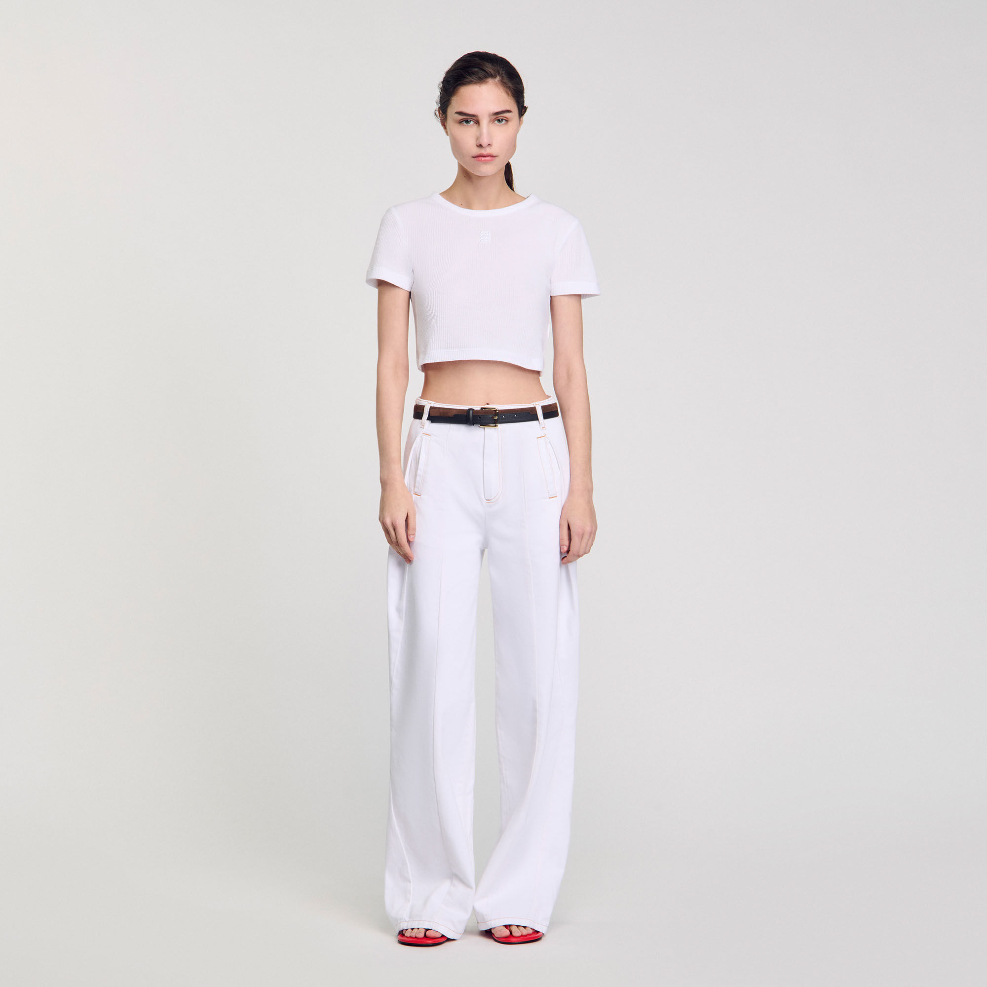 Cropped T-shirt white / beige For Women | Sandro Paris