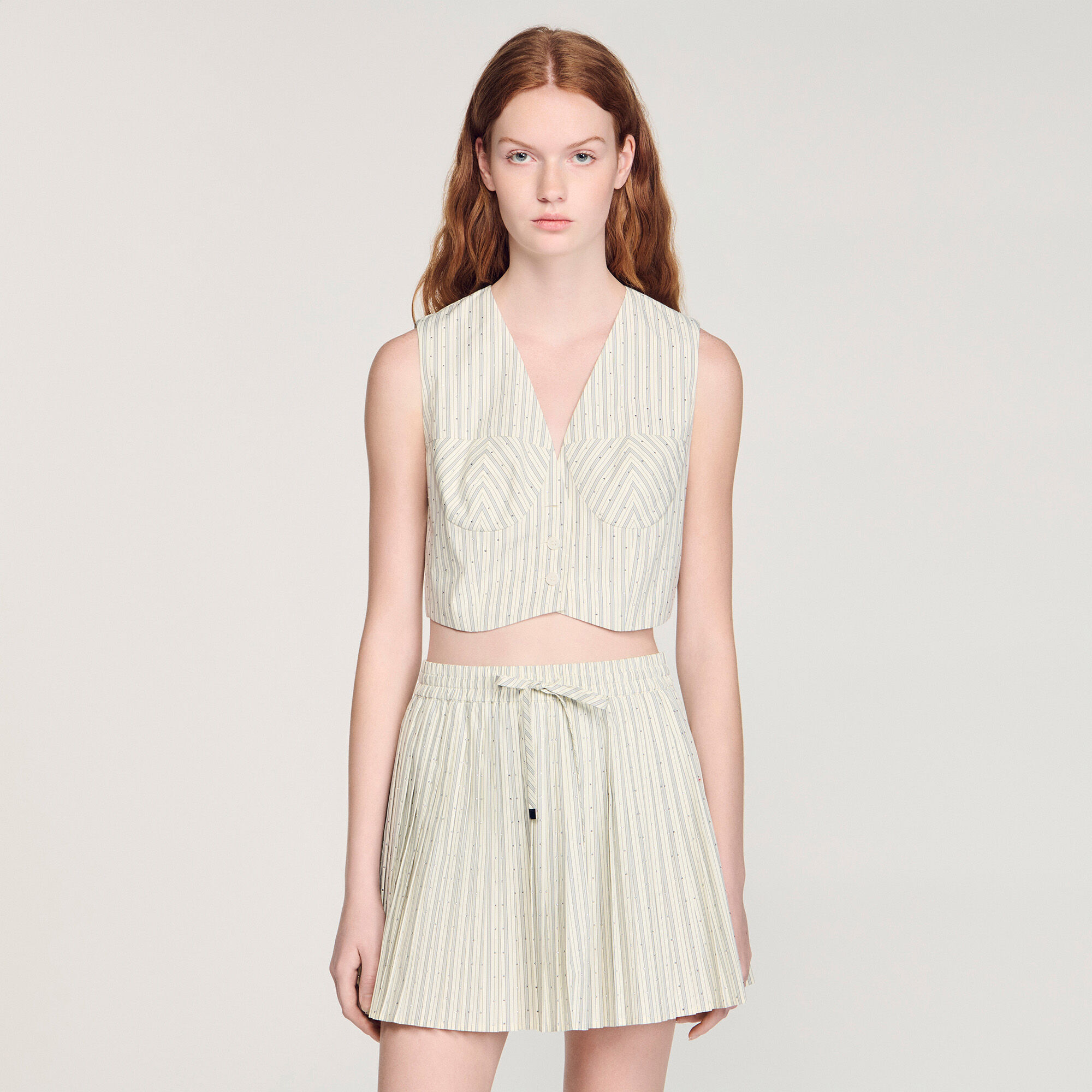 Striped rhinestone crop top in Ecru for Women | Sandro Paris