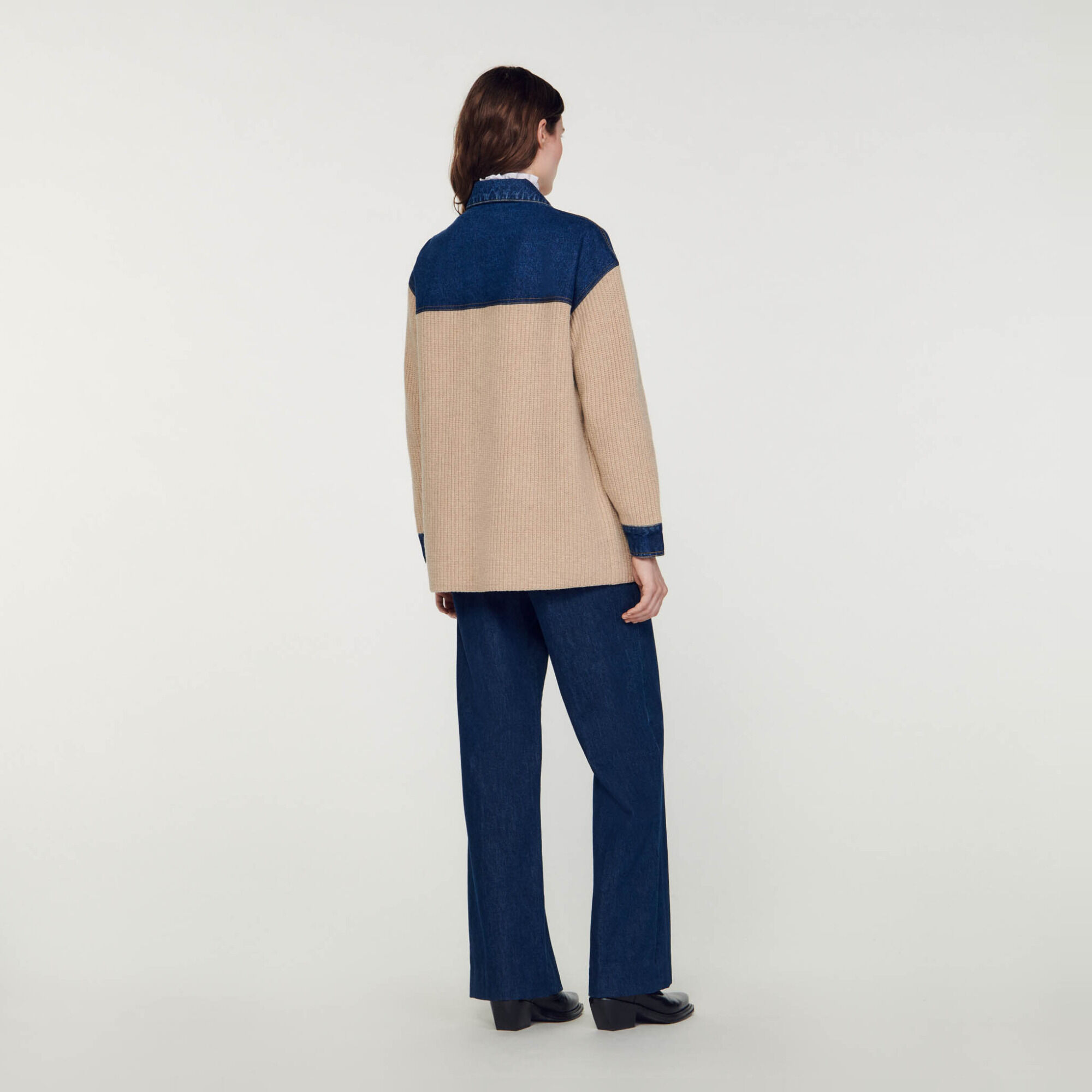 Knit and denim cardicoat