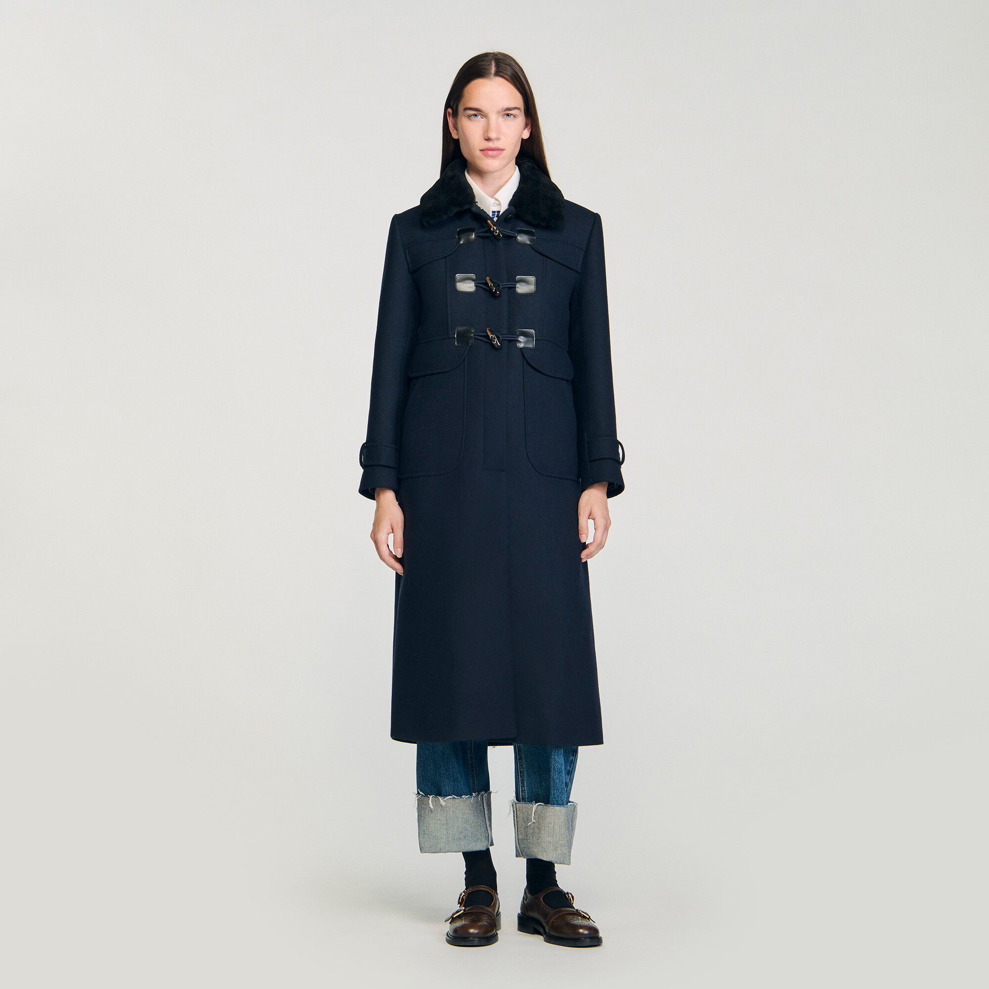 Long coat with removable fur collar
