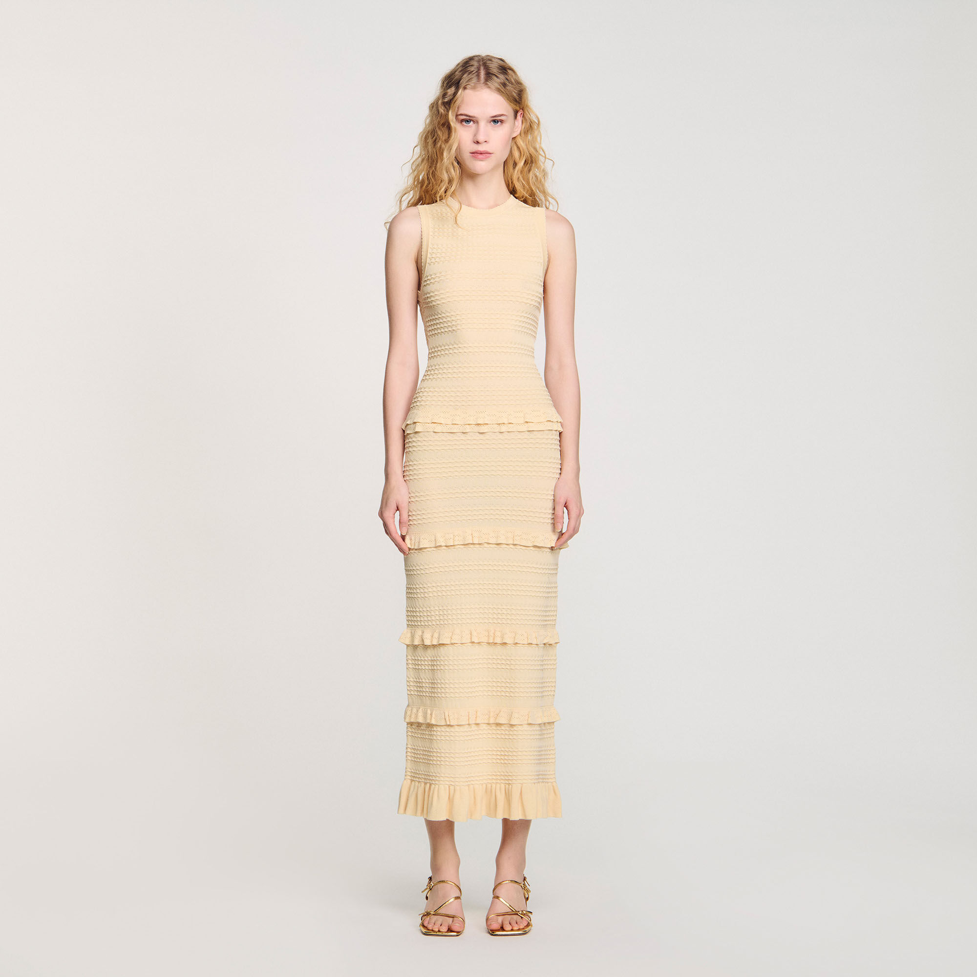 Ruffled knit maxi dress white / beige For Women | Sandro Paris
