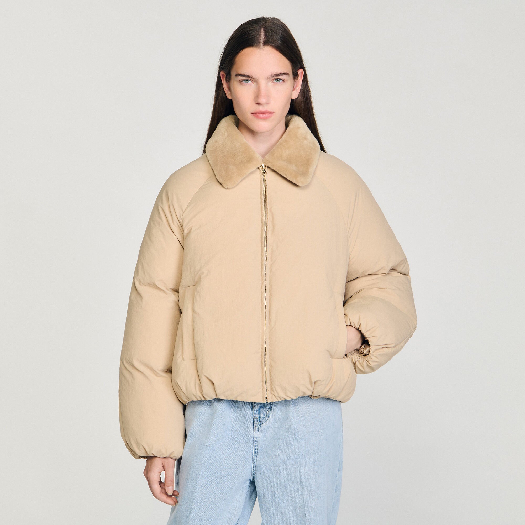 Puffer jacket with shearling collar