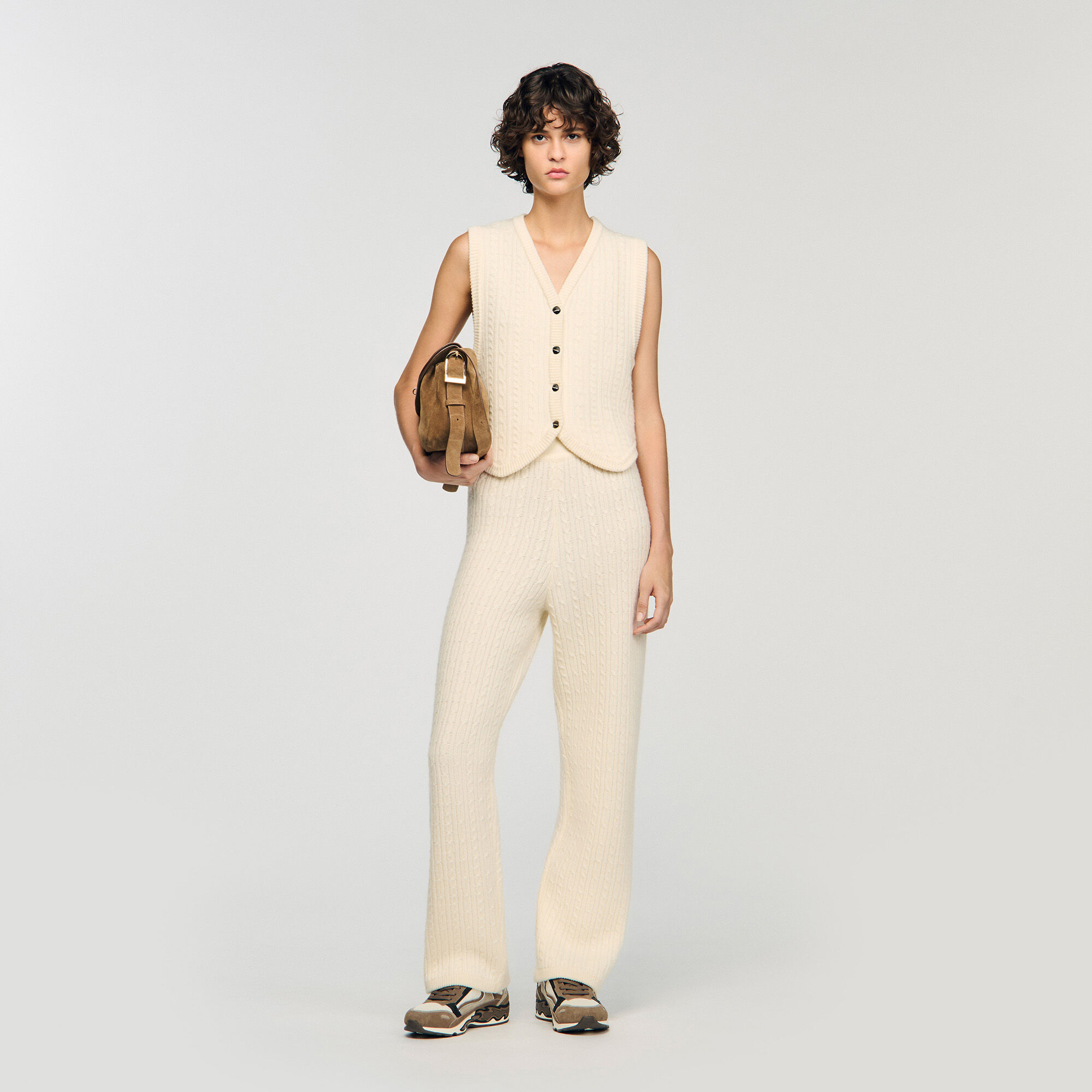 Cable knit vest white / beige For Women | Sandro Paris