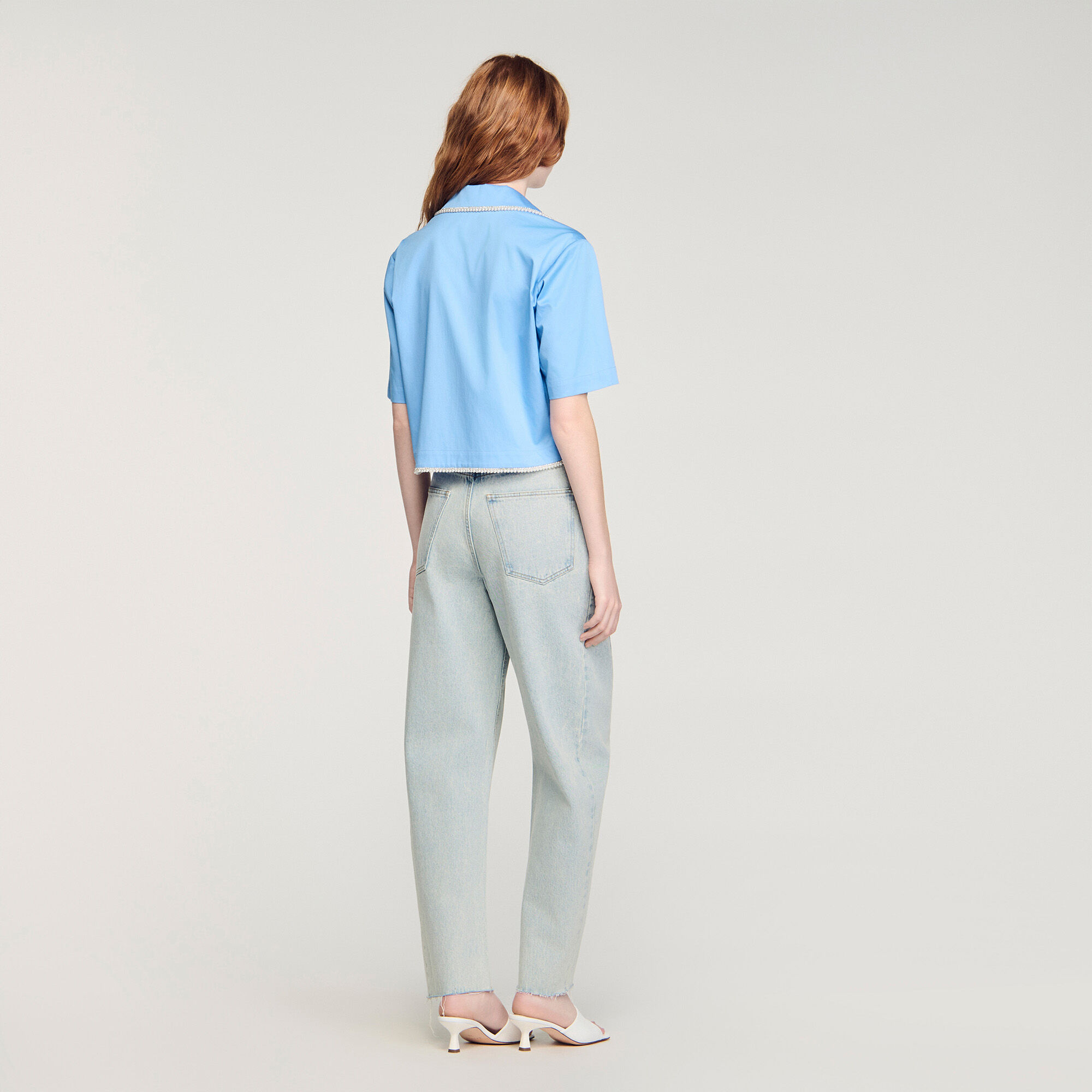 Cotton shirt with beaded trim blue For Women | Sandro Paris