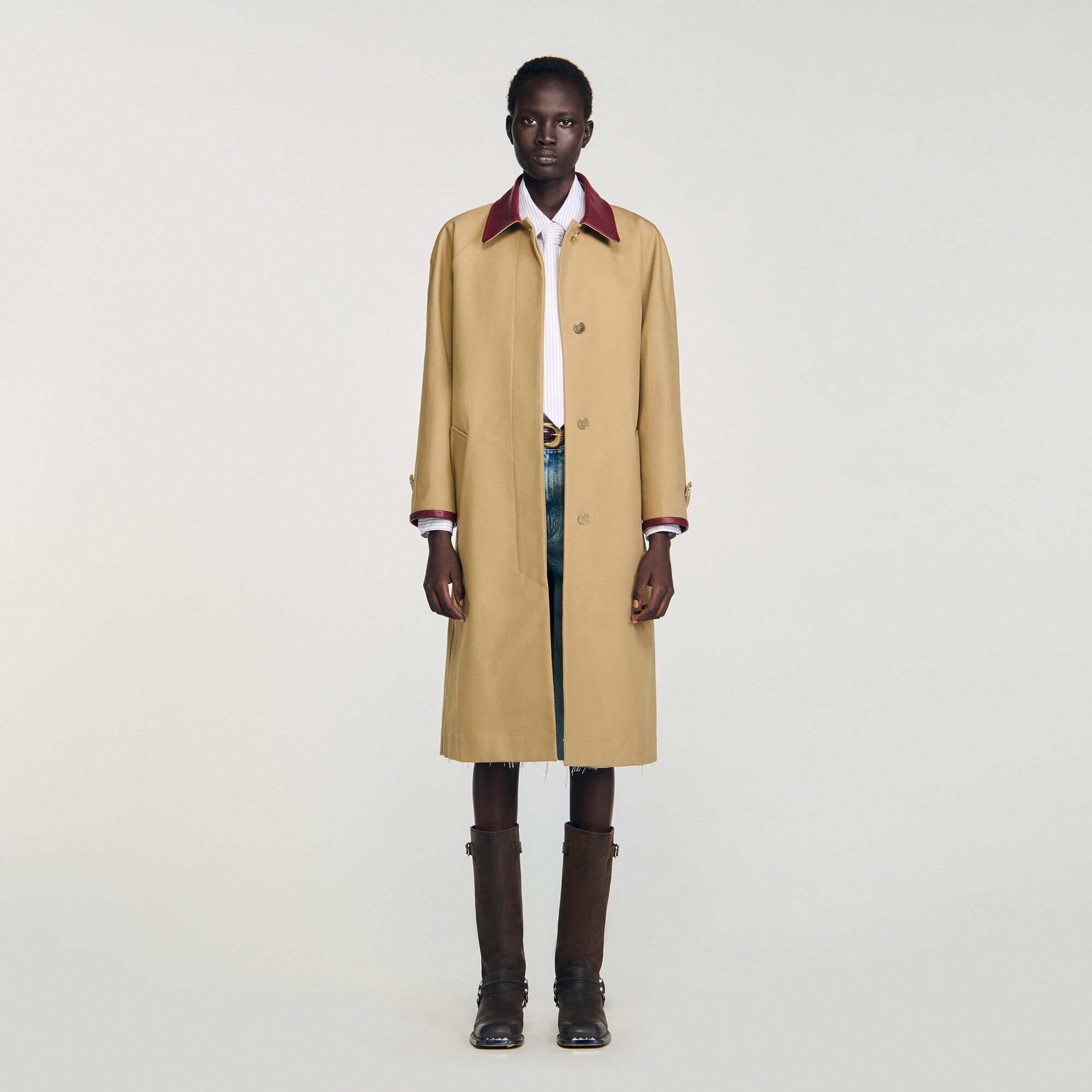 Trench coat with leather collar white / beige For Women | Sandro Paris