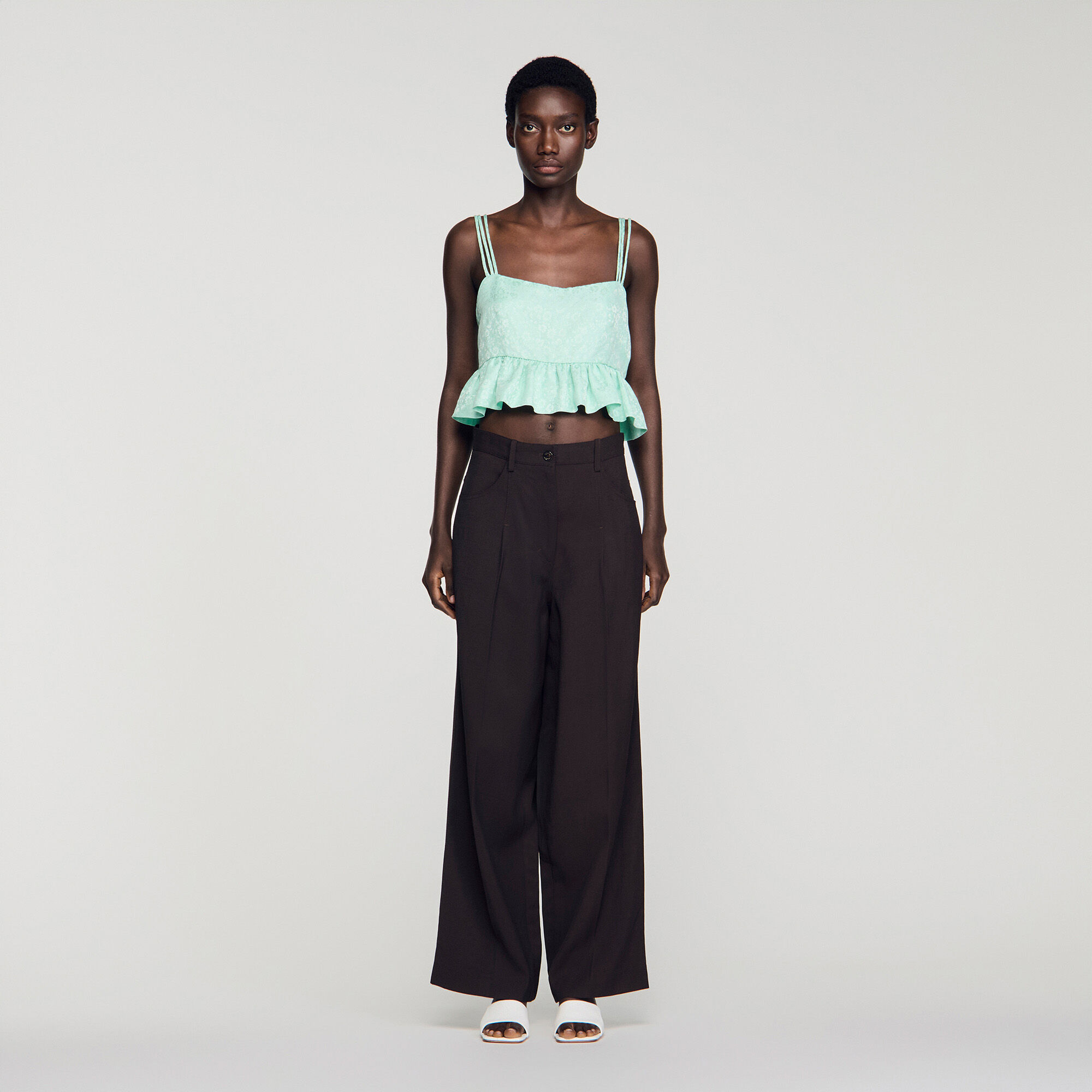 Floral jacquard ruffle crop top green For Women | Sandro Paris