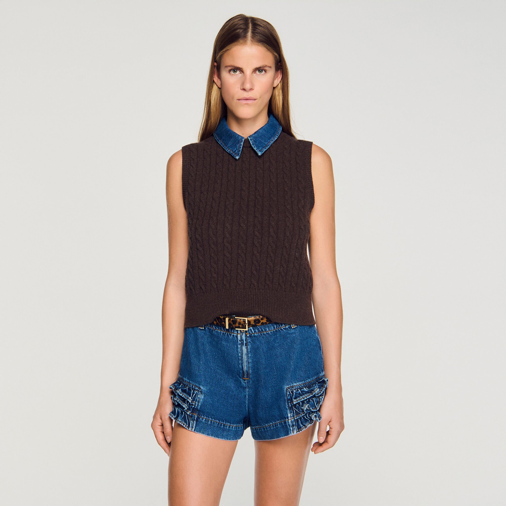 Knit sweater with removable denim collar
