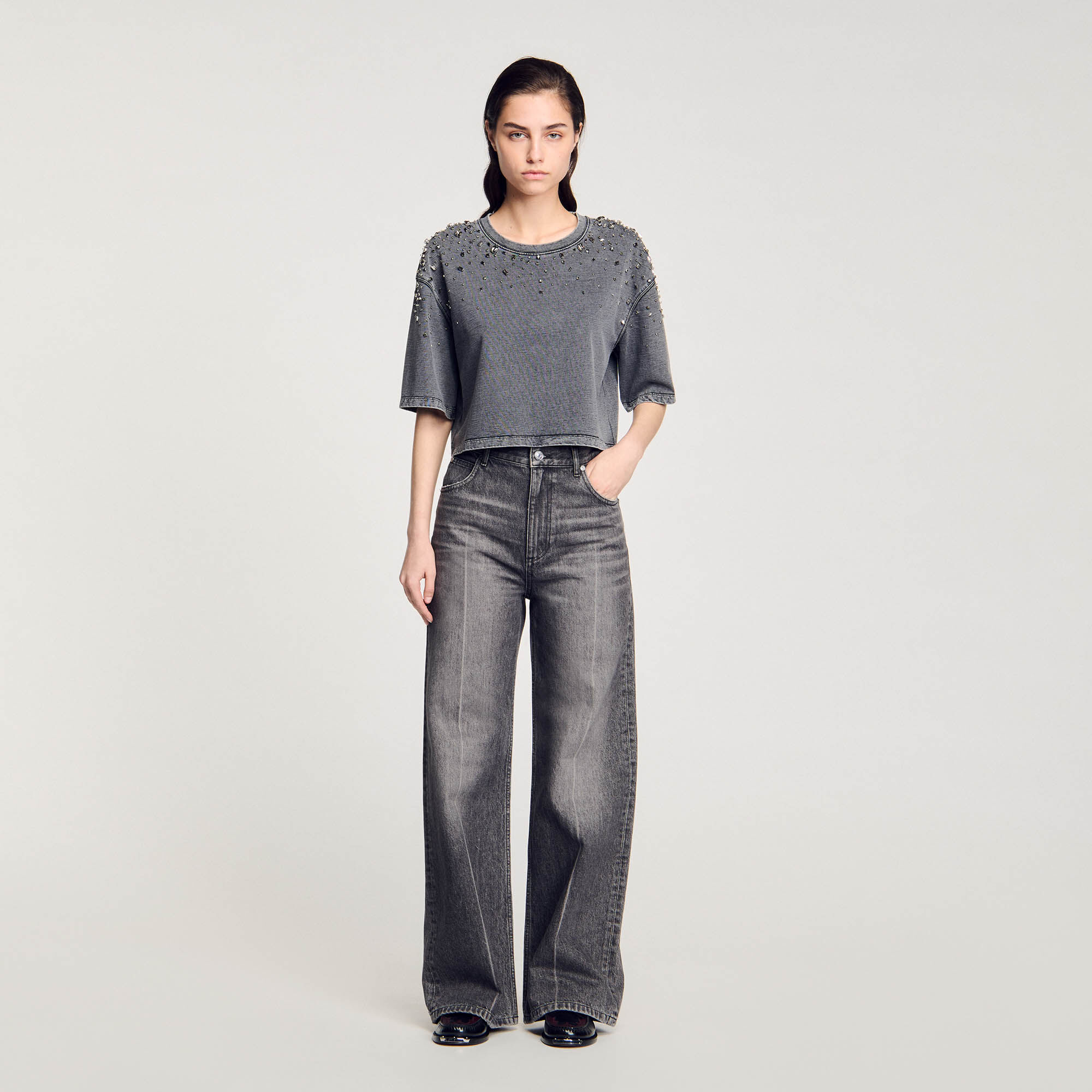 Rhinestone cropped T-shirt black / gray For Women | Sandro Paris Rhinestone cropped T-shirt black / gray For Women | Sandro Paris