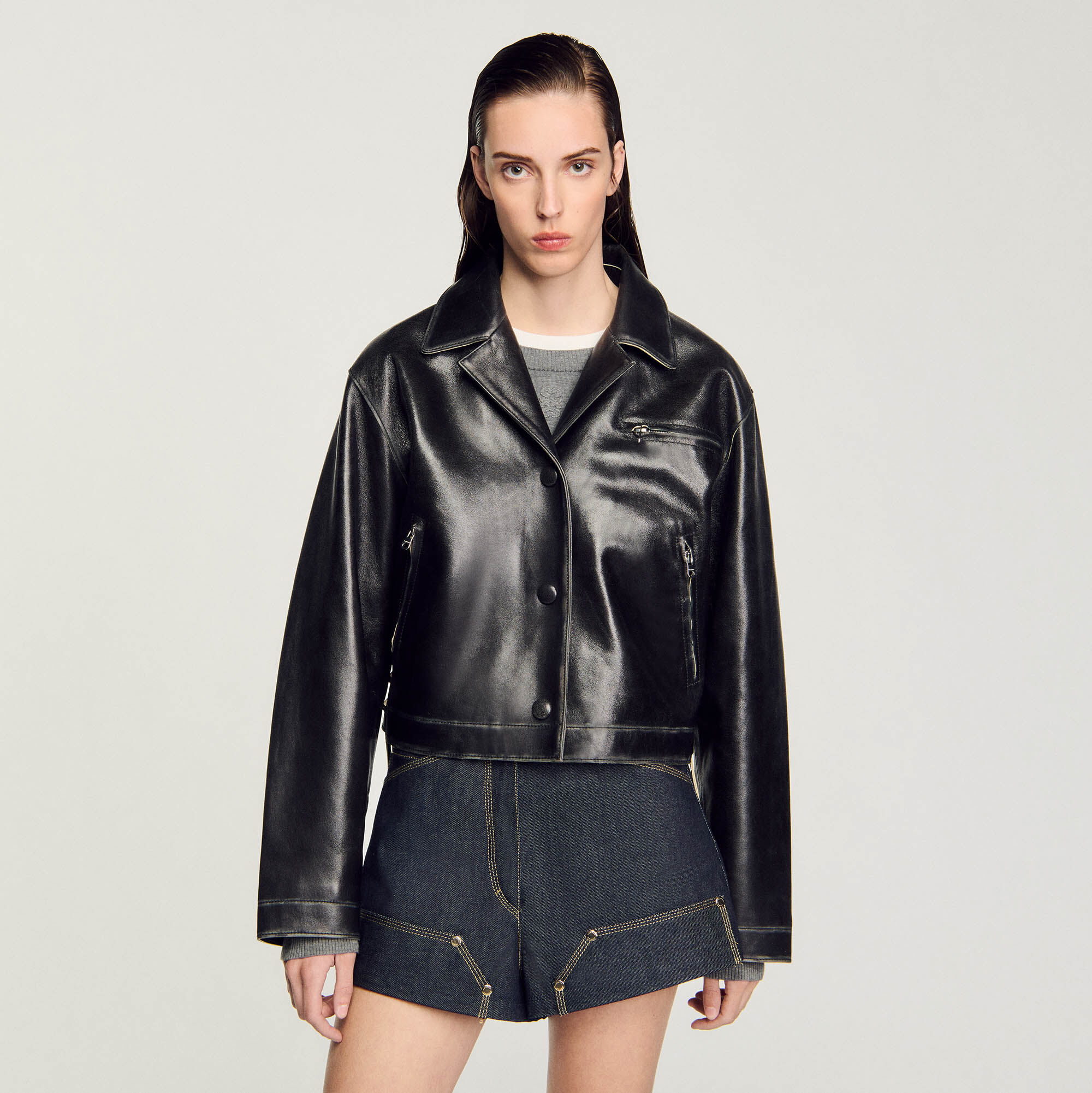 Distressed leather jacket black / gray For Women | Sandro Paris