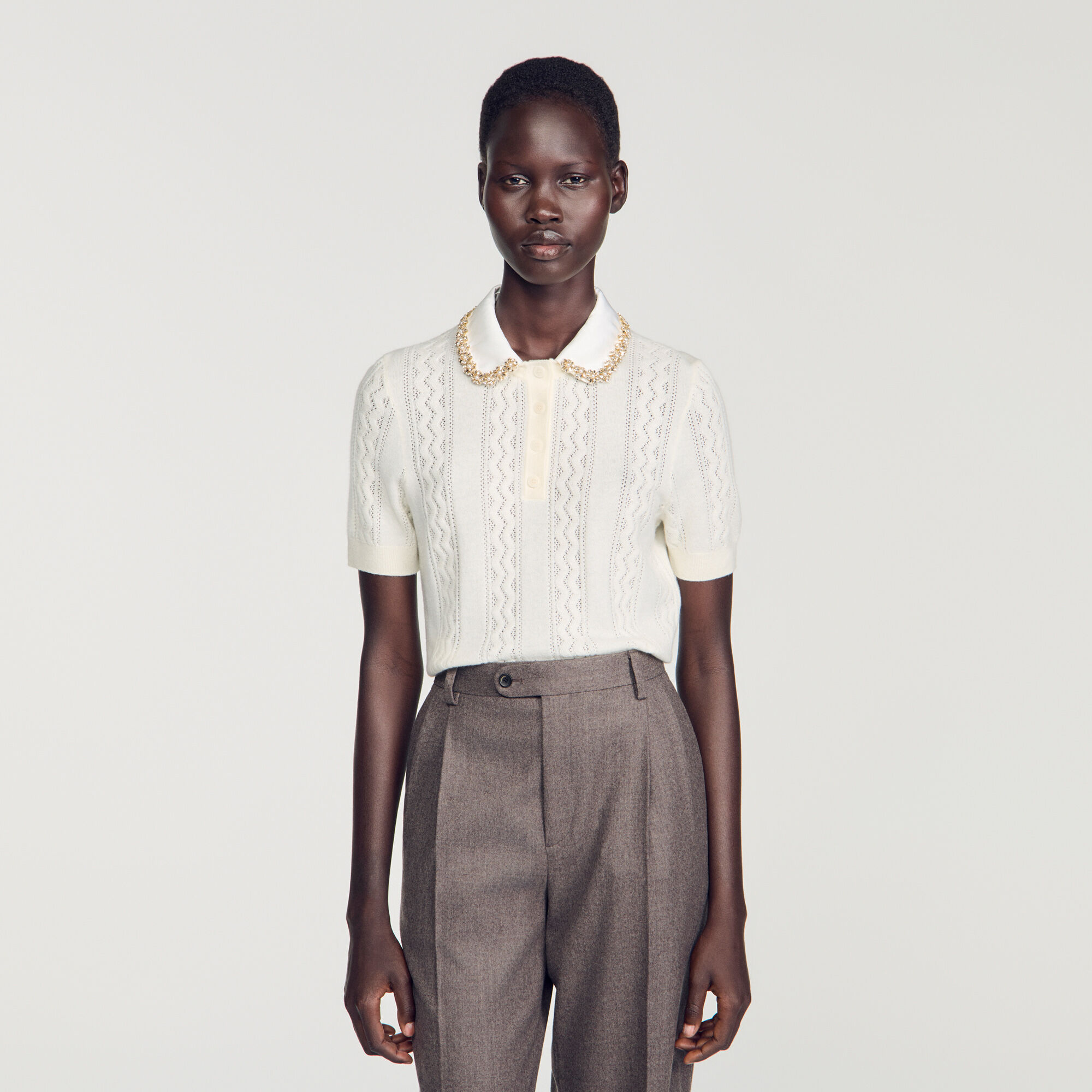Jeweled collar pointelle sweater in Ecru for Women | Sandro Paris