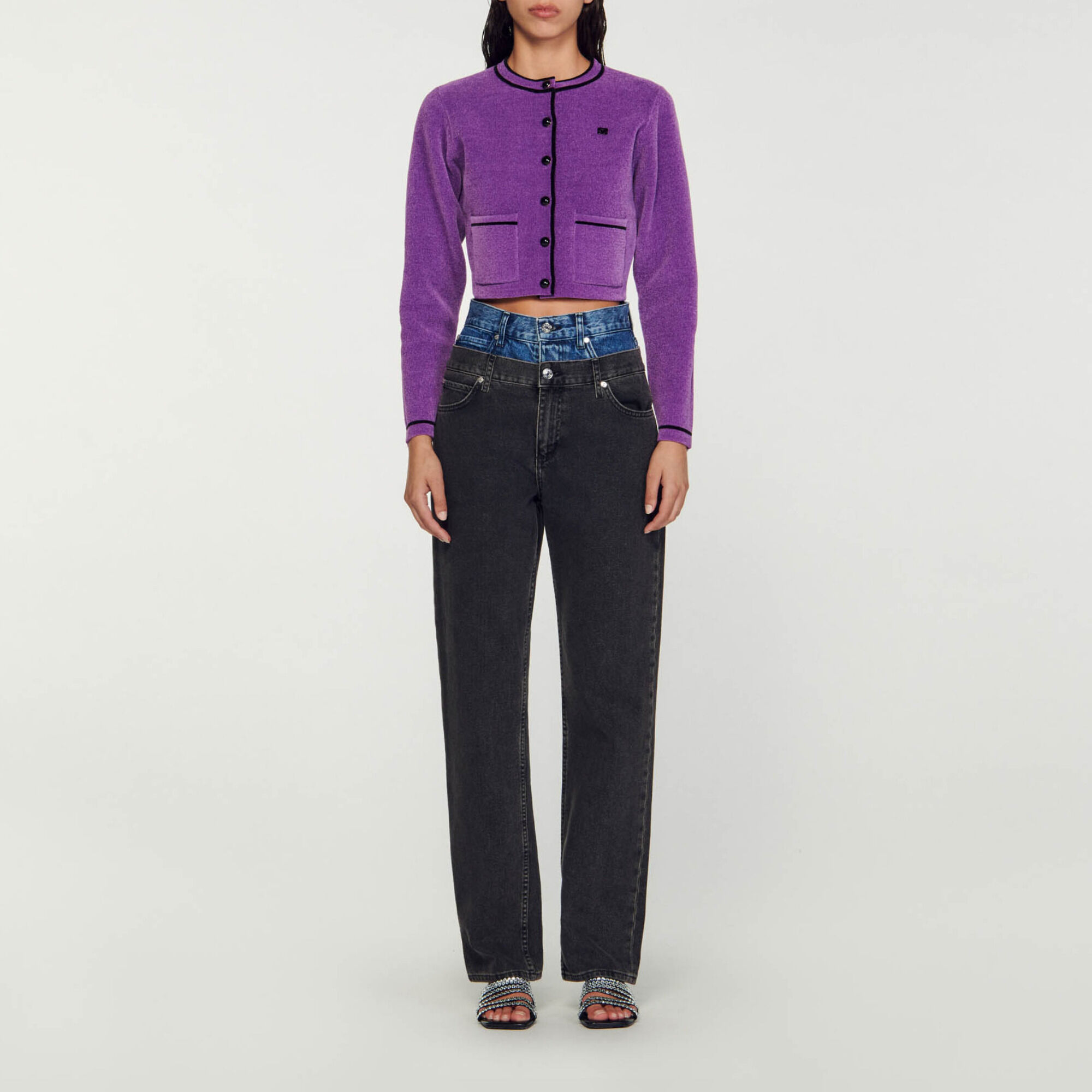 Velvet-effect cropped coatigan