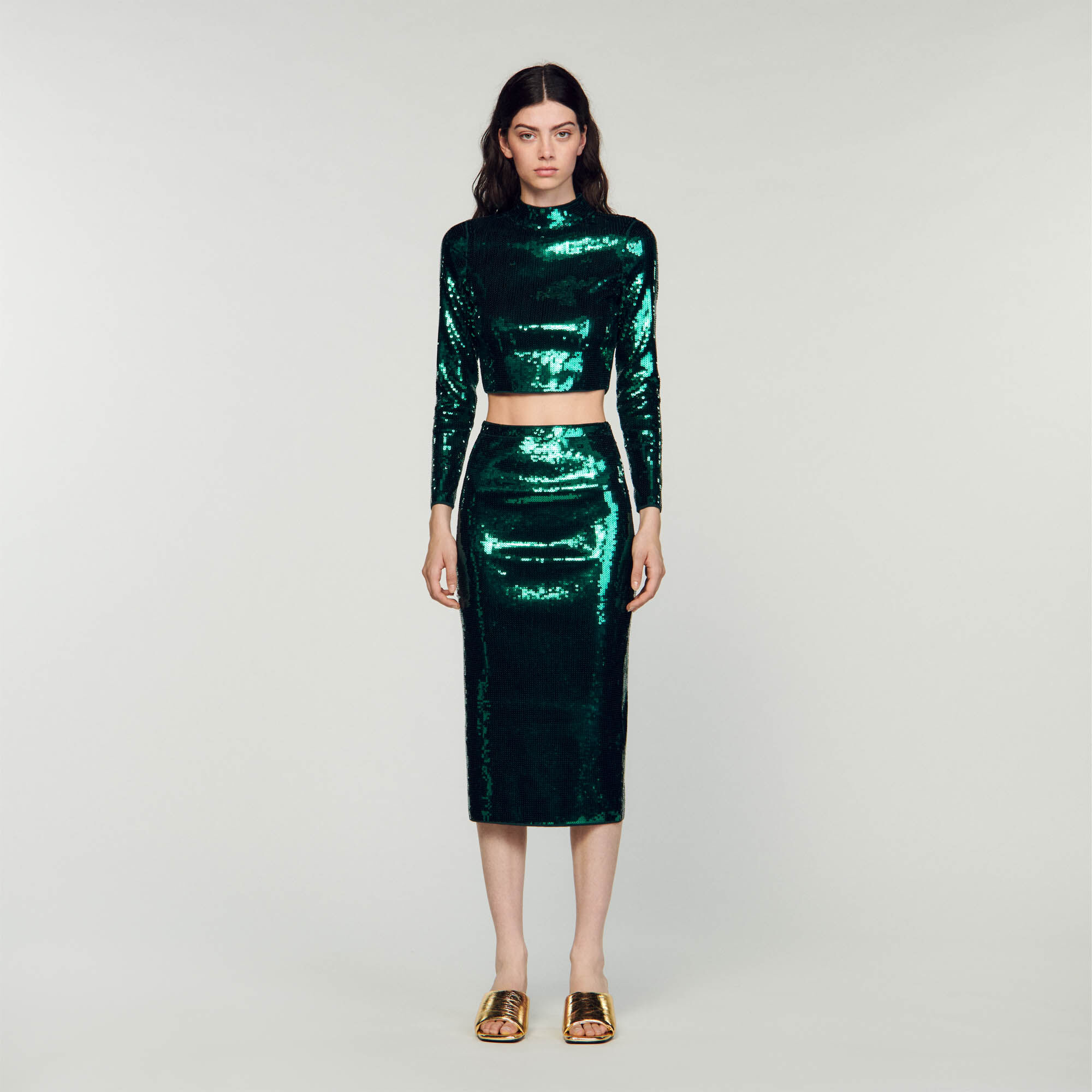 Cropped knit sweater with sequins Green Sandro Paris