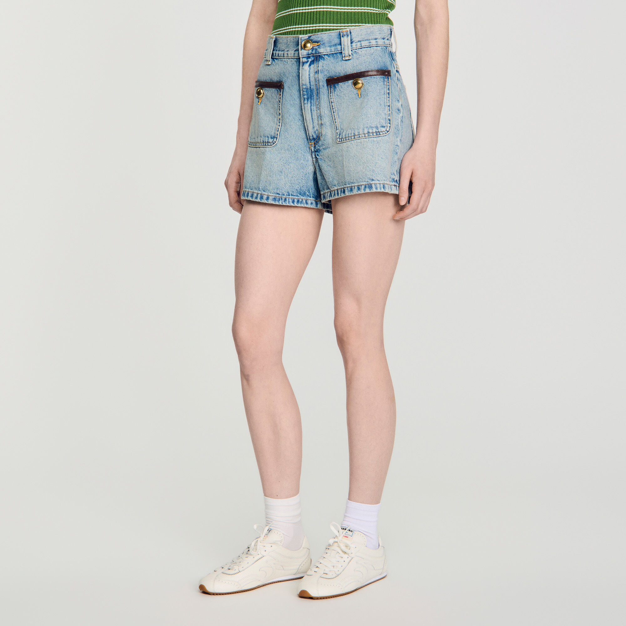 Denim shorts with leather detail in Blue Jean for Women | Sandro Paris