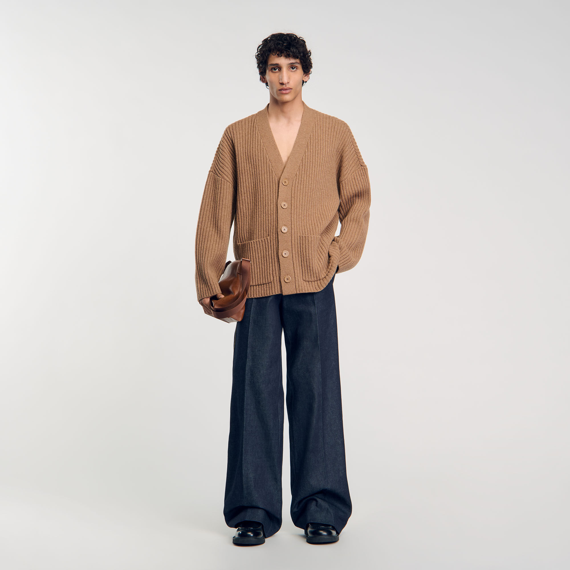 Oversized rib knit cardigan white / beige for Men | Sandro Paris