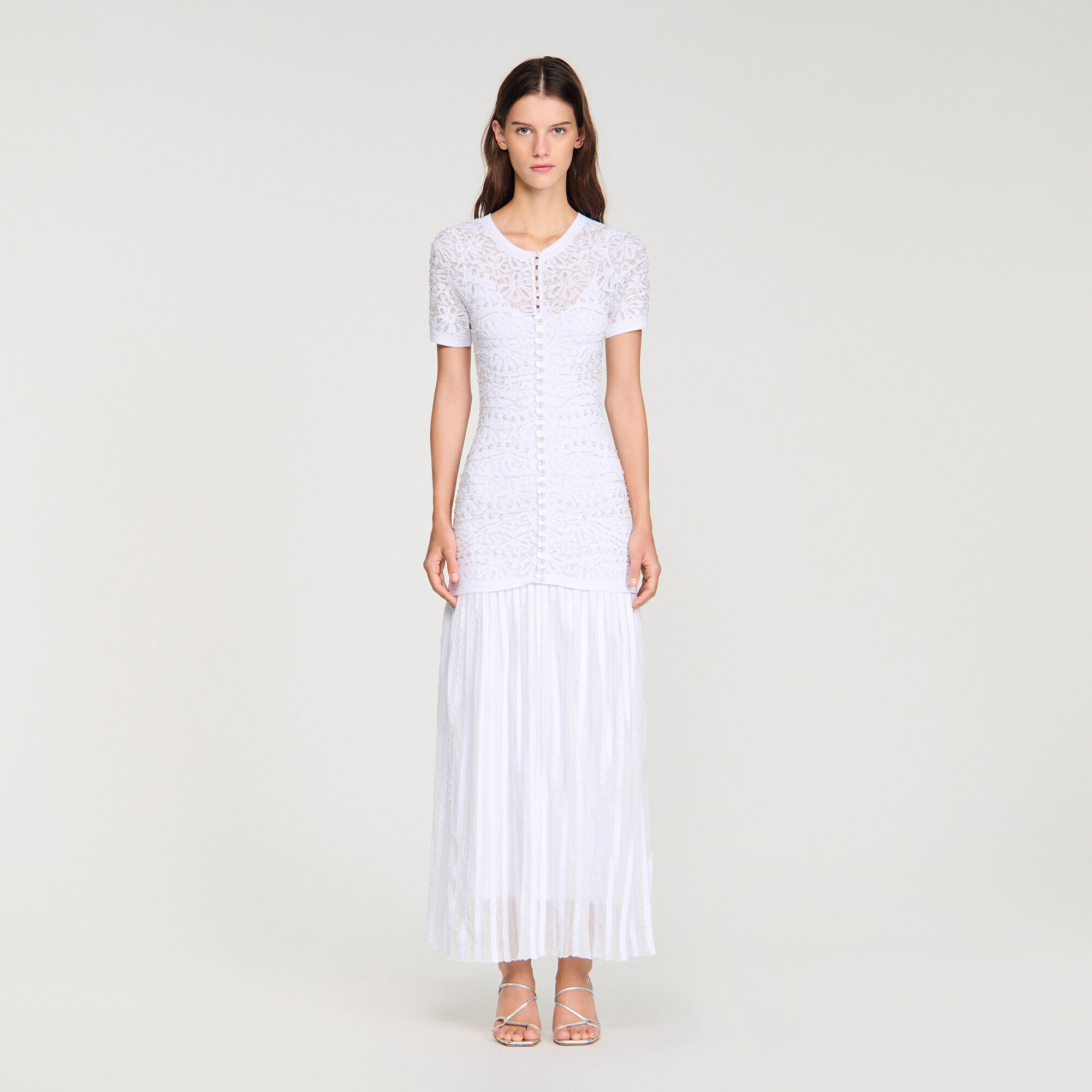Beaded knit maxi dress in white for Women | Sandro Paris