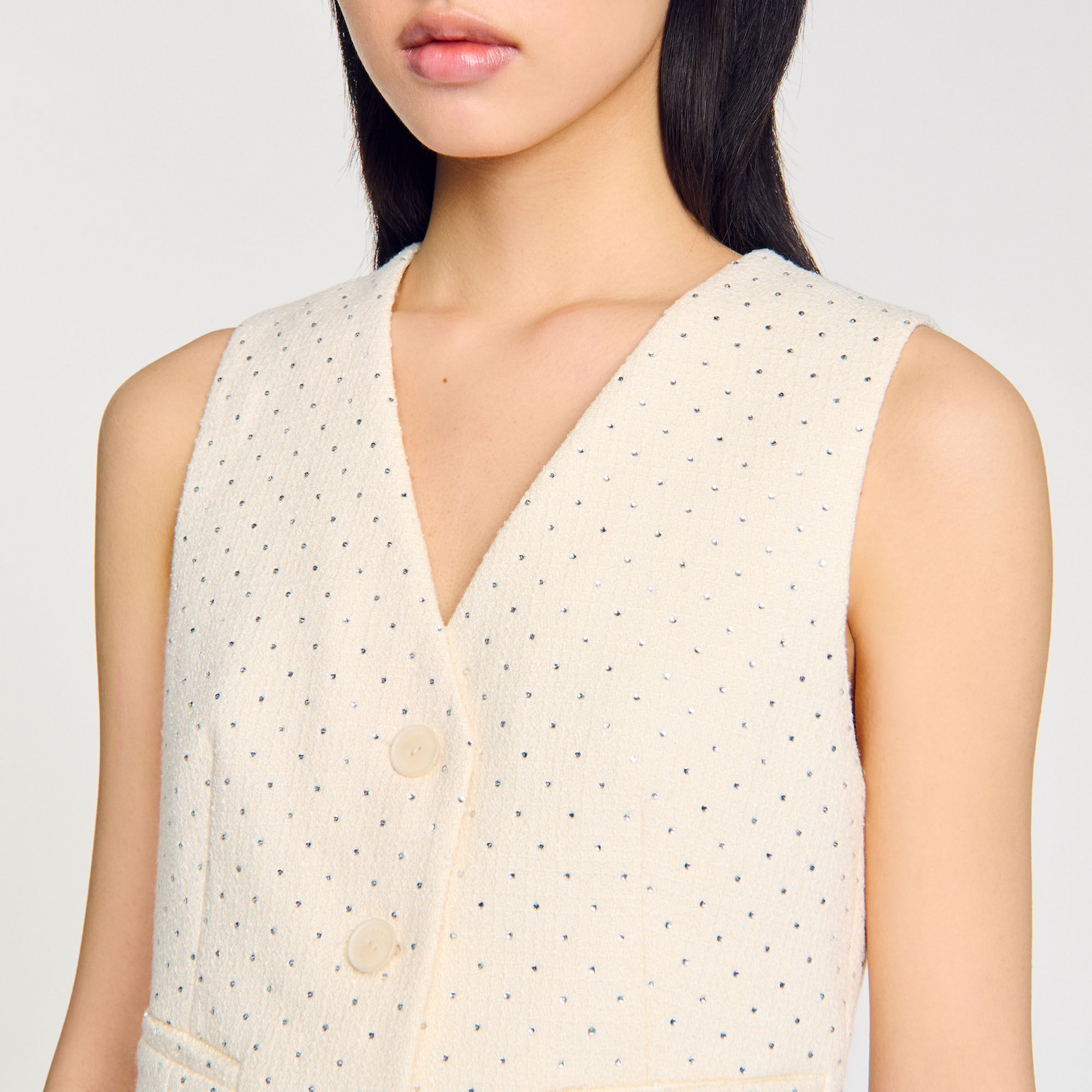 Rhinestone tweed jacket white / beige For Women | Sandro Paris