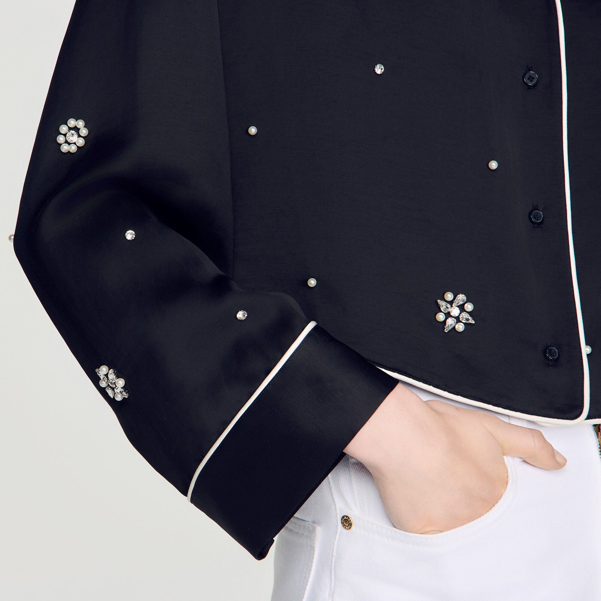 Shirt with beads and rhinestones