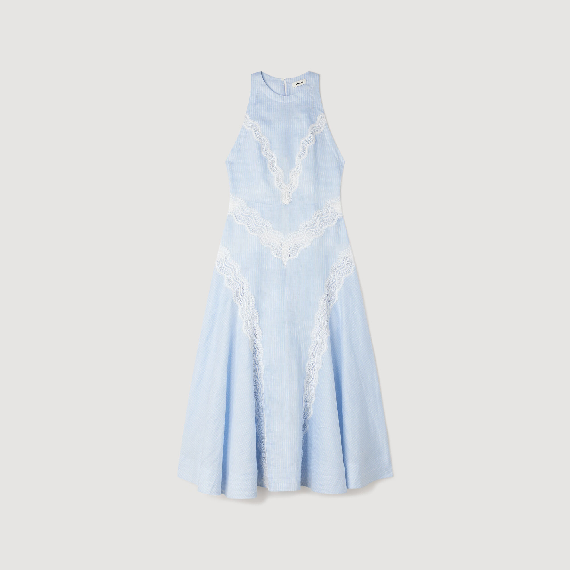 Maxi dress with lace details in Ciel / Blanc for Women | Sandro Paris